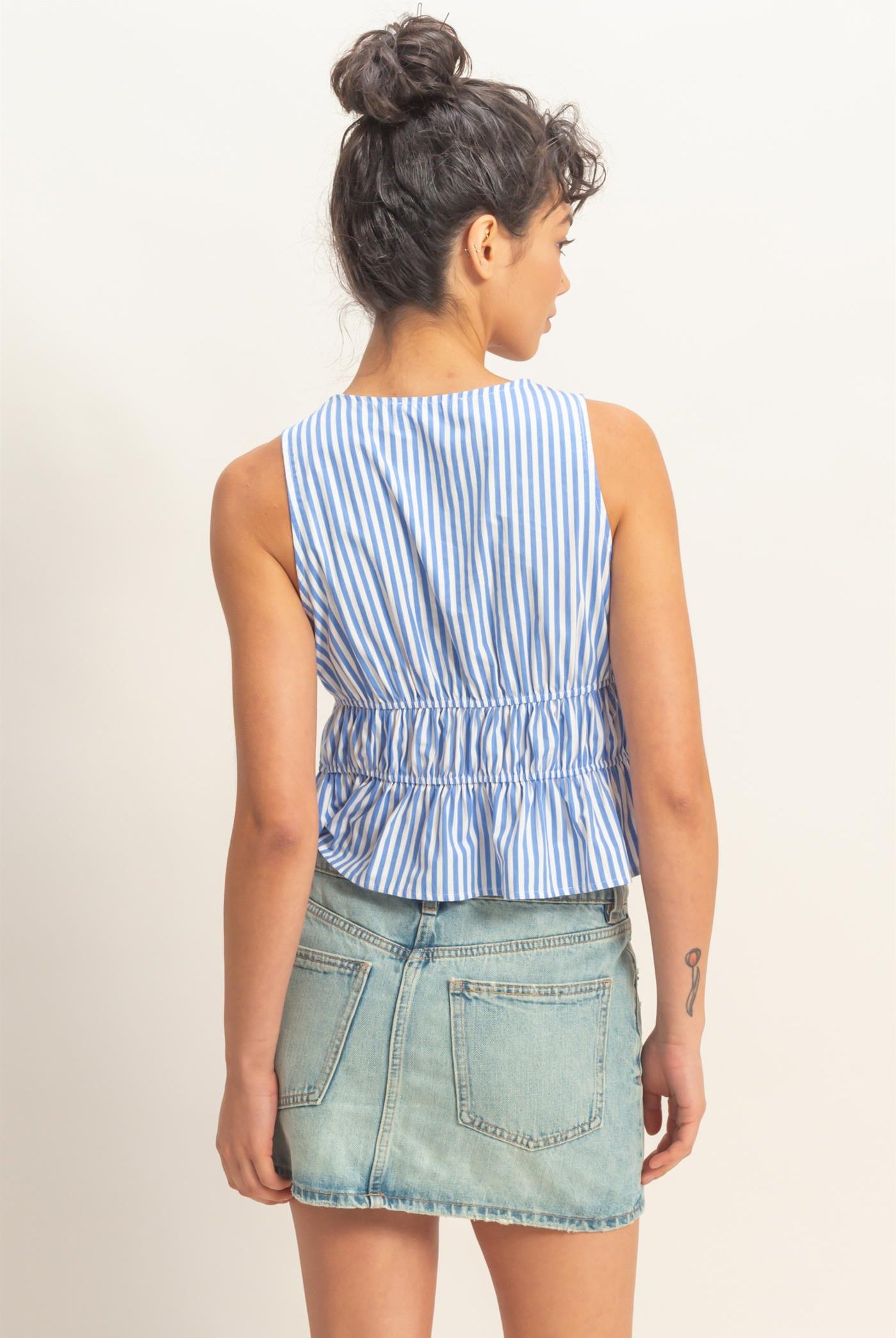 Wholesale Striped Tie Front Peplum Sleeveless Top Clothing Tops DZ26C534 BLUE DOUBLE ZERO