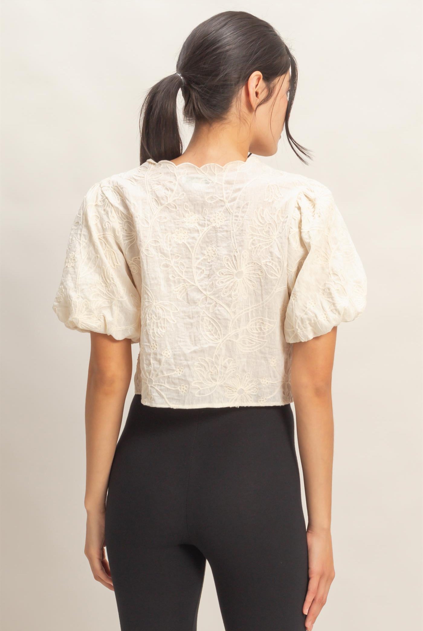 Wholesale Floral Embroidered Tie-Front Top Blouses HF26C556-D CREAM HYFVE