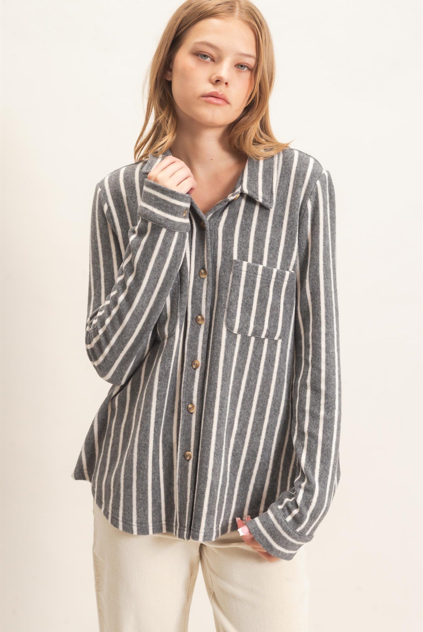 Wholesale Striped Button-Up Knit Shirt Clothing Tops HF26E189 GRAY HYFVE