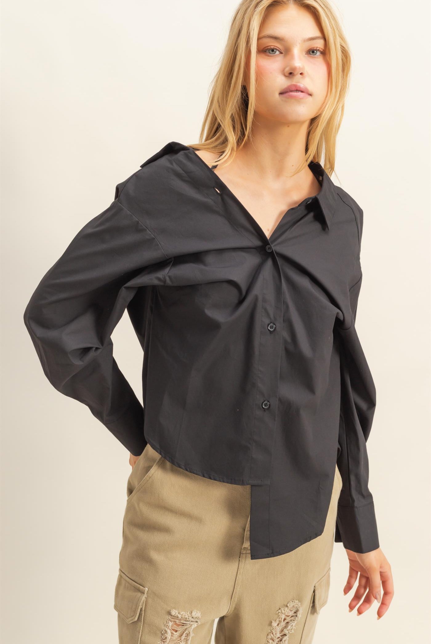 Wholesale Off-The-Shoulder Asymmetrcal Button-Up Shirt Clothing Tops HF22G139 BLACK HYFVE