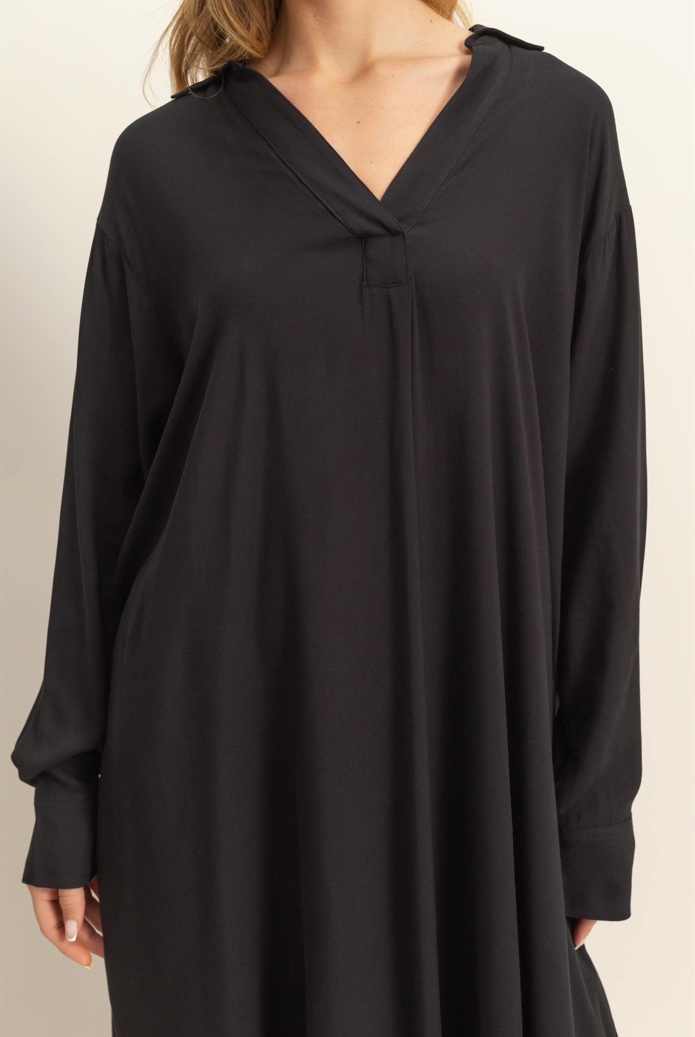 Wholesale V-Neck Long Sleeved Midi Shirts Dress Dresses DZ24E706 BLACK DOUBLE ZERO
