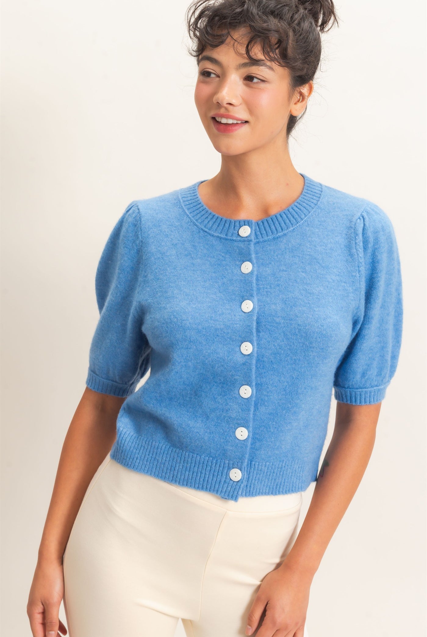 Wholesale Button Front Puff Short Sleeve Cardigan Cardigans DZ26C960 BLUE DOUBLE ZERO