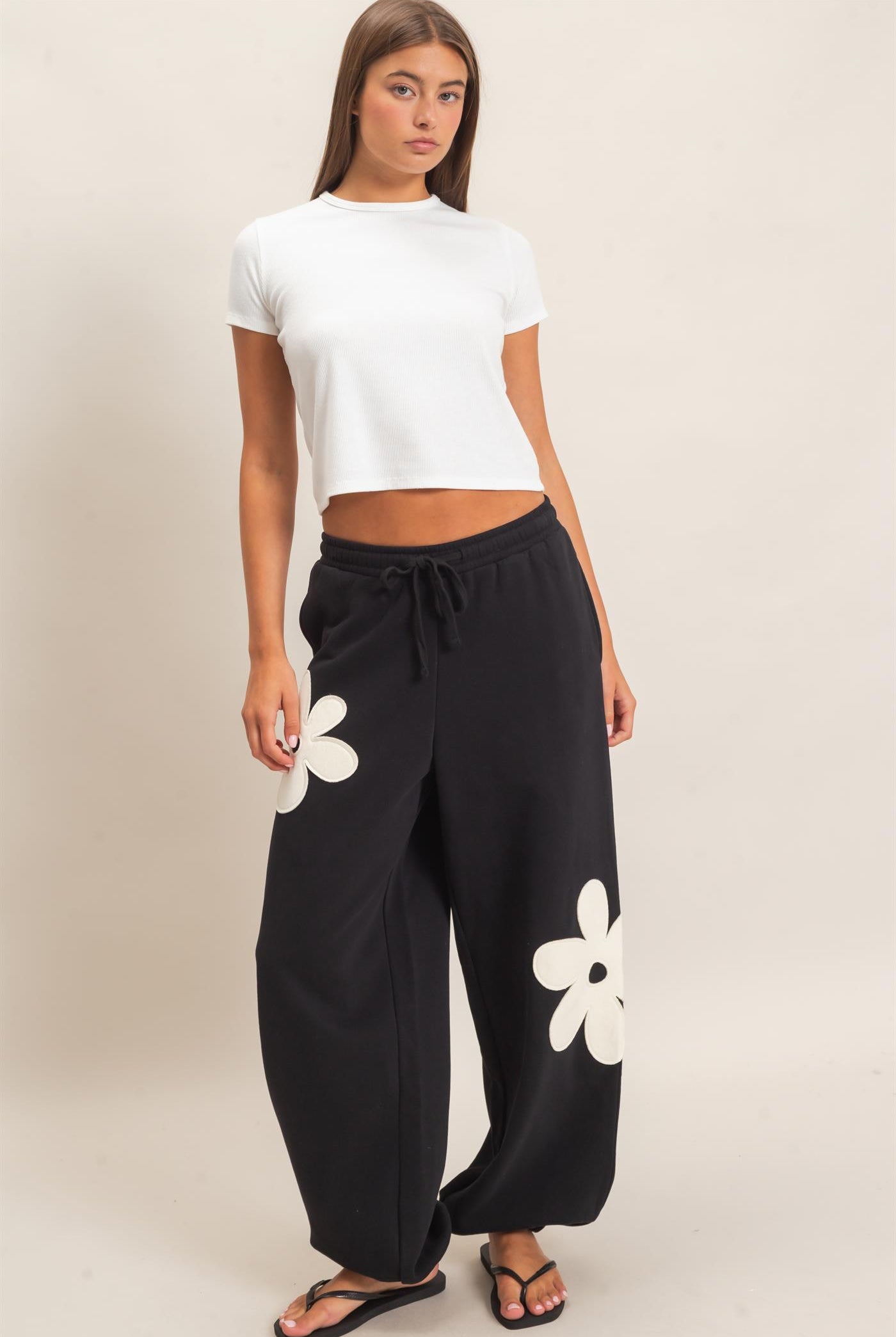 Wholesale Floral Applique Drawstring Jogger Pants Joggers DZ26F308 BLACK DOUBLE ZERO