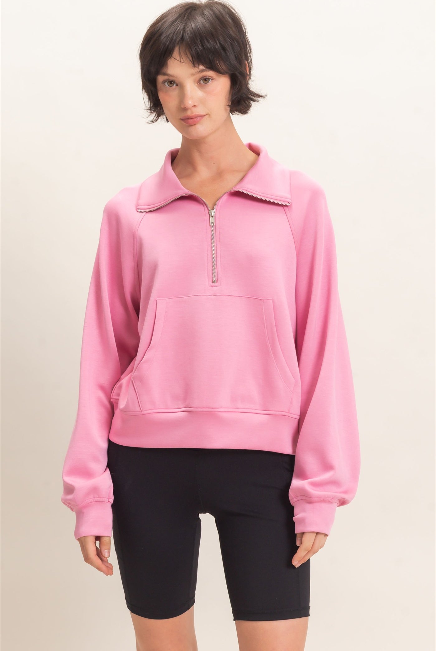Wholesale Half-Zip Collar Raglan Pullover Sweatshirts DZ26C967 PINK DOUBLE ZERO