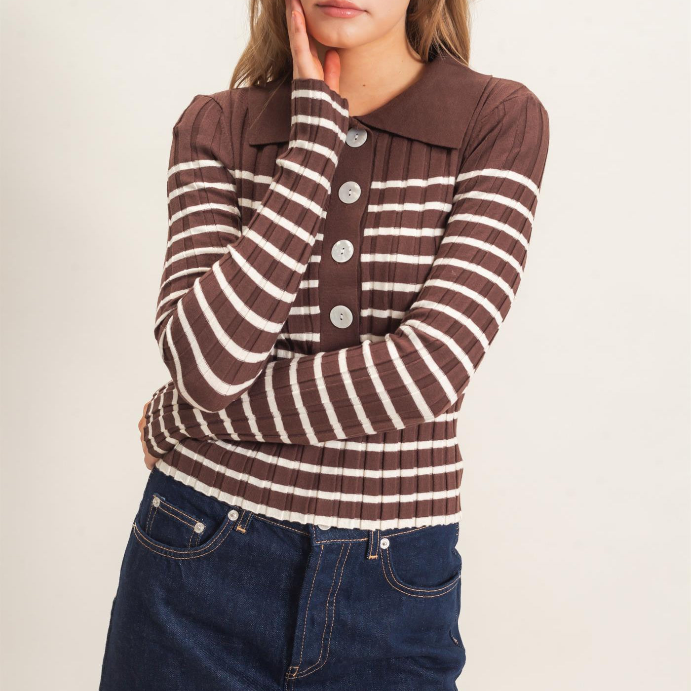 Wholesale Ribbed Collared Sweater Sweaters HF26E534 CHESTNUT HYFVE