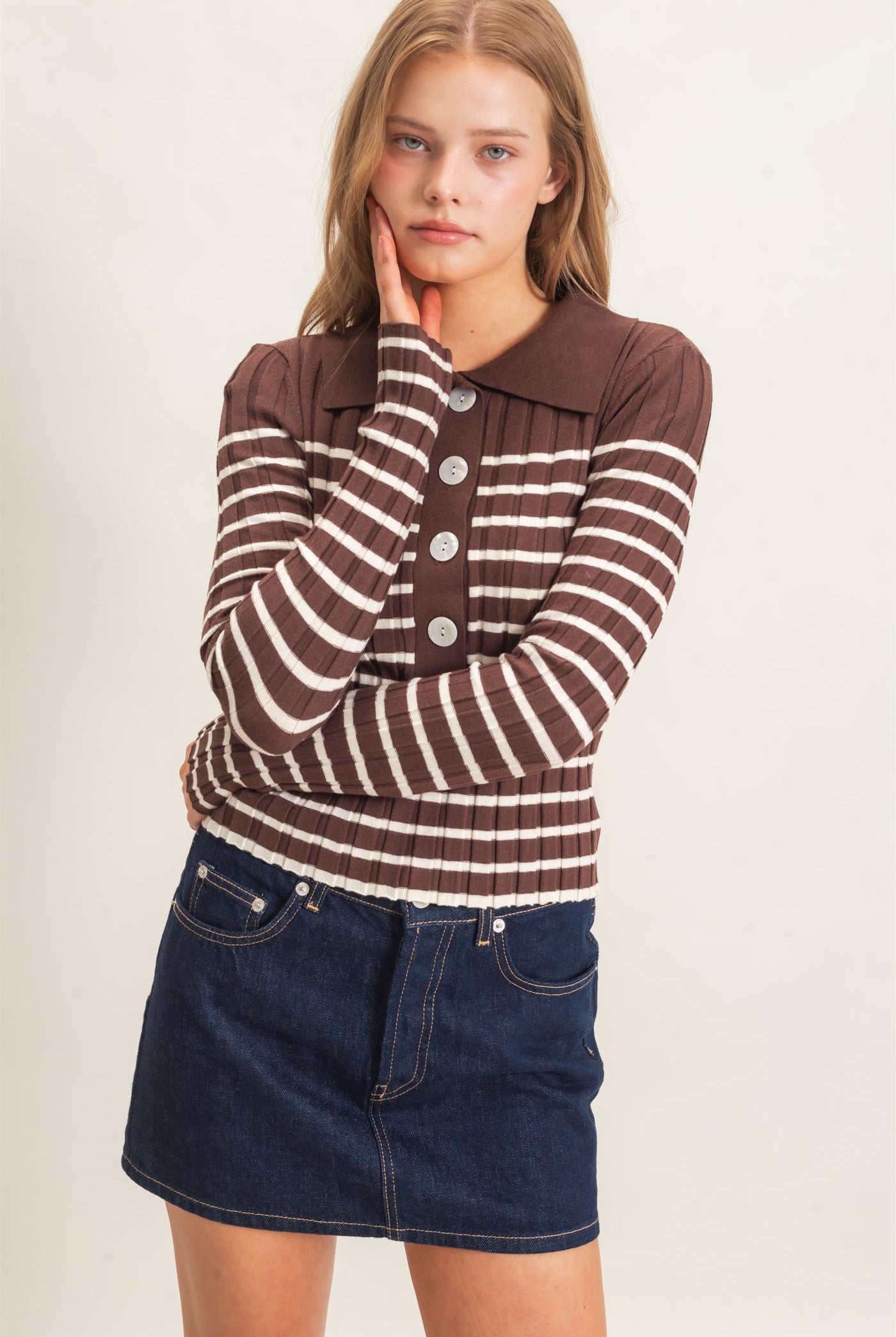 Wholesale Ribbed Collared Sweater Sweaters HF26E534 CHESTNUT HYFVE