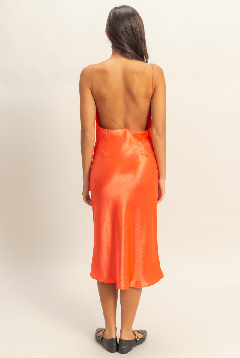 Wholesale Cowl Neck Satin Midi Dress Dresses DZ22A734 NEON RED DOUBLE ZERO