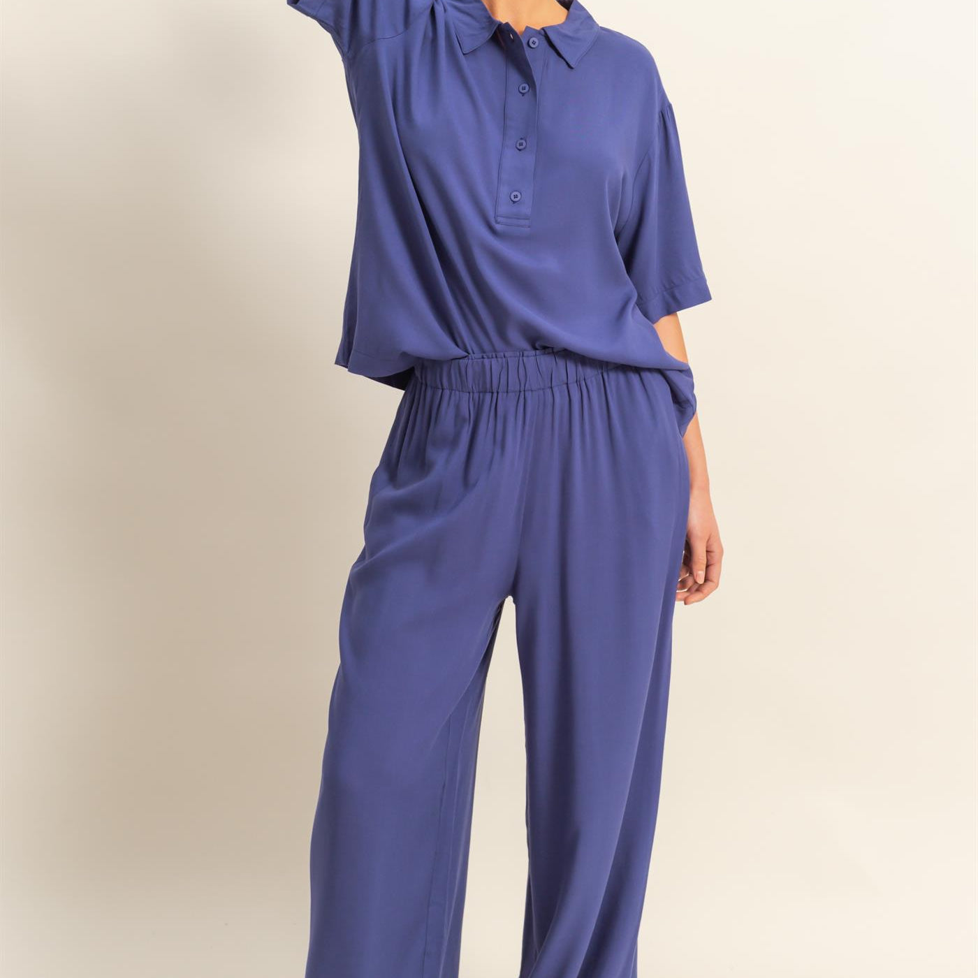 Wholesale High Waist Woven Wide Leg Pants Pants DZ25C192 DUSTY INDIGO DOUBLE ZERO