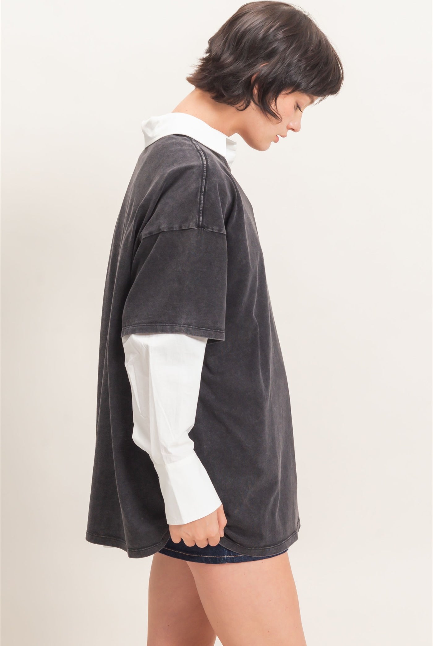 Wholesale Mineral Wash Oversized Crew Neck T-Shirts Clothing Tops DZ26C961 BLACK DOUBLE ZERO
