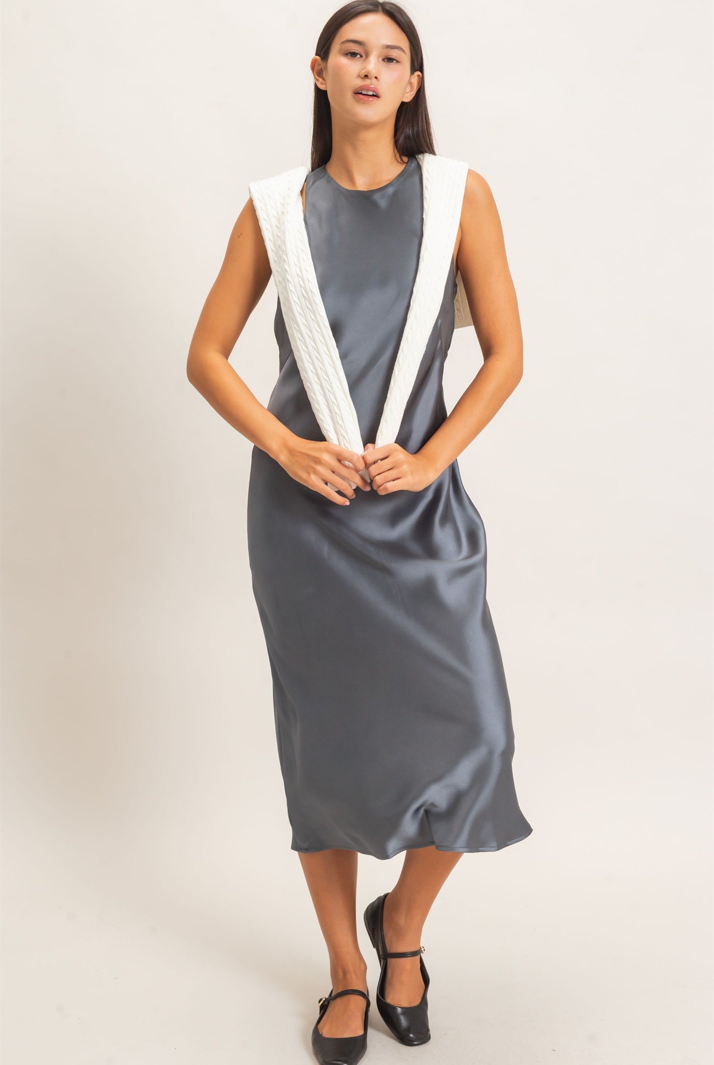 Wholesale Sleeveless Satin Midi Dress Dresses DZ26E257 DARK GRAY DOUBLE ZERO