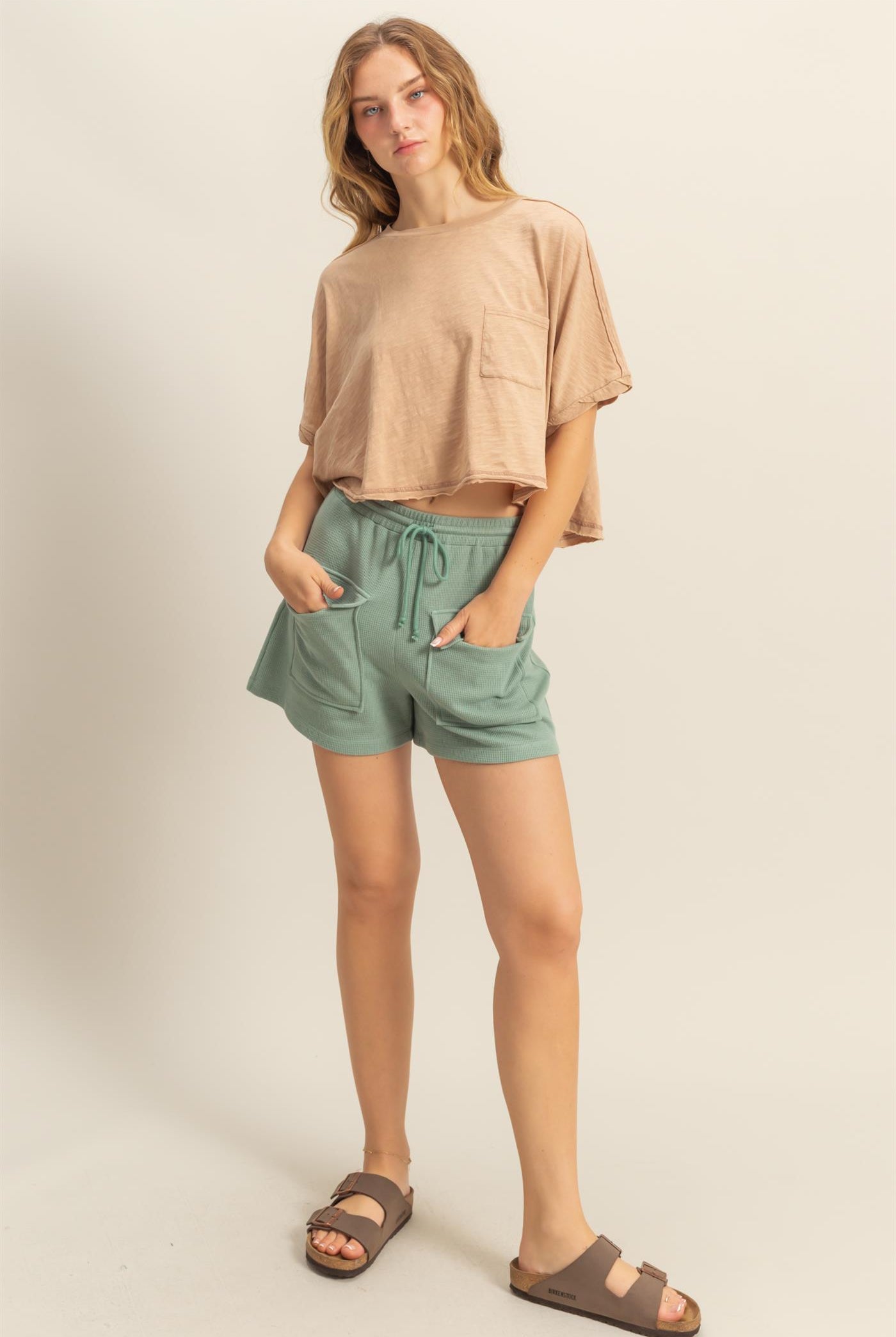 Wholesale Waffle Knit Front Pocket Shorts Shorts DZ25A793 SAGE GREEN DOUBLE ZERO