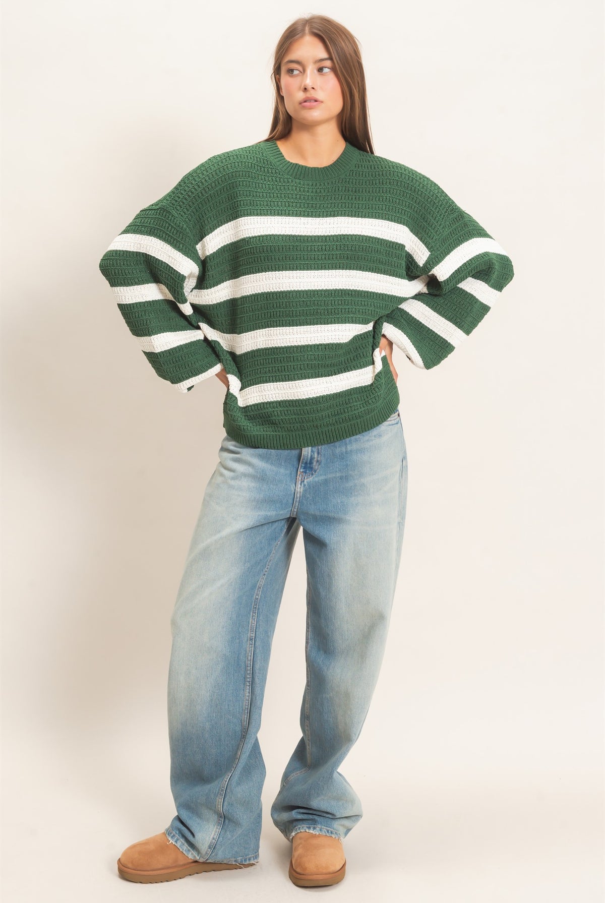Wholesale Striped Oversized Sweater Sweaters DZ27A192 DARK GREEN DOUBLE ZERO