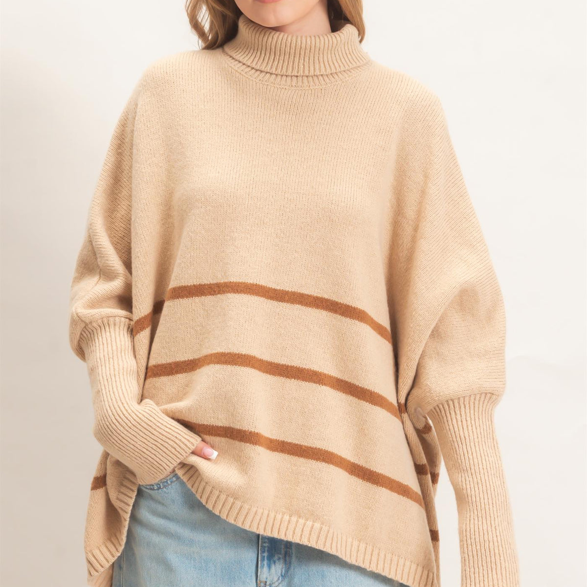Wholesale Striped Turtleneck Poncho Sweater Sweaters HF26F194 L.TAUPE HYFVE