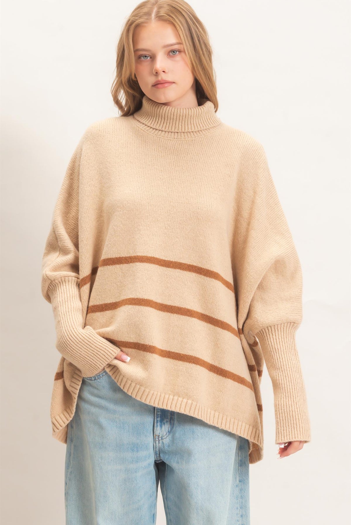 Wholesale Striped Turtleneck Poncho Sweater Sweaters HF26F194 L.TAUPE HYFVE