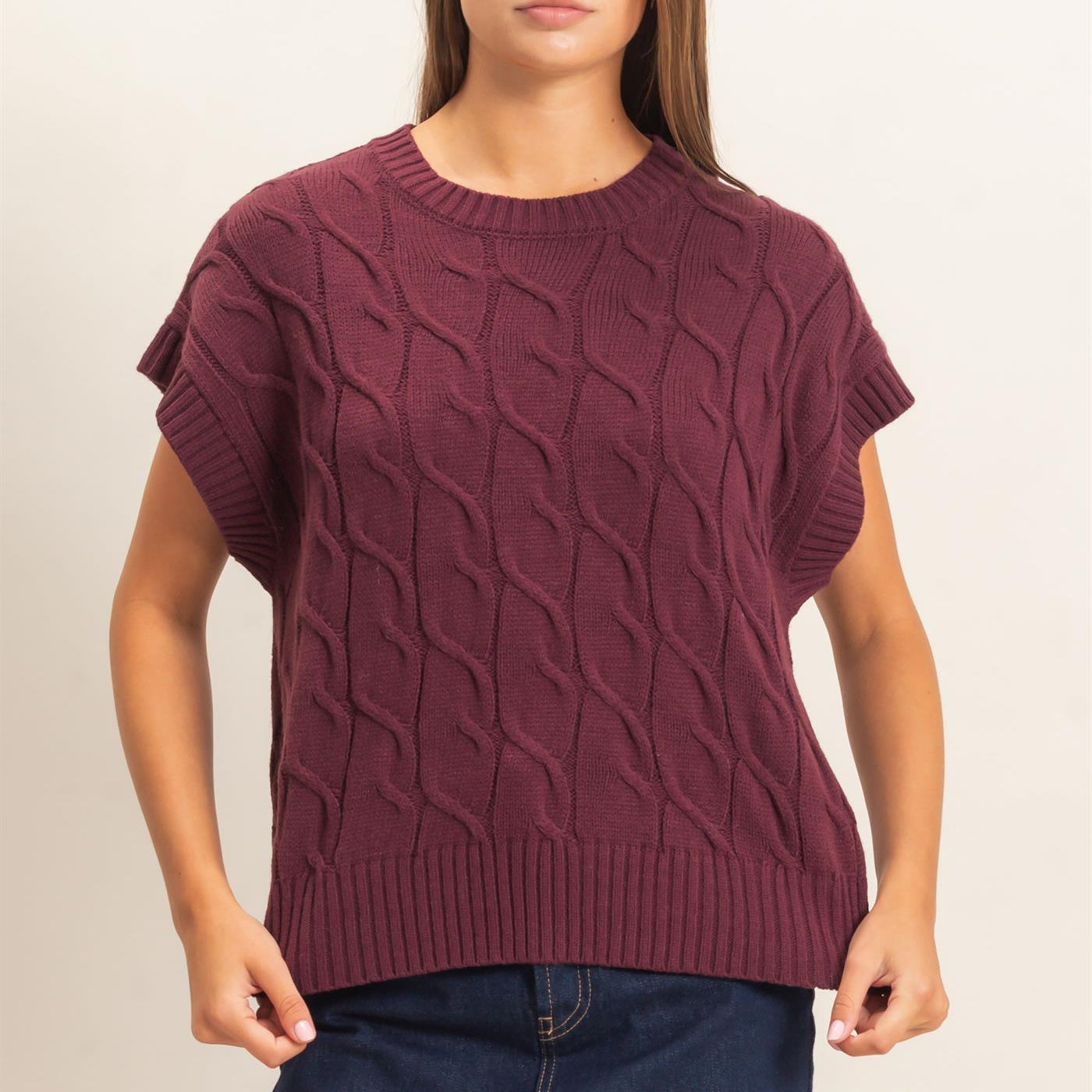 Wholesale Cable Knit Cap Sleeve Sweater Sweaters DZ26C974 DARK CHERRY DOUBLE ZERO