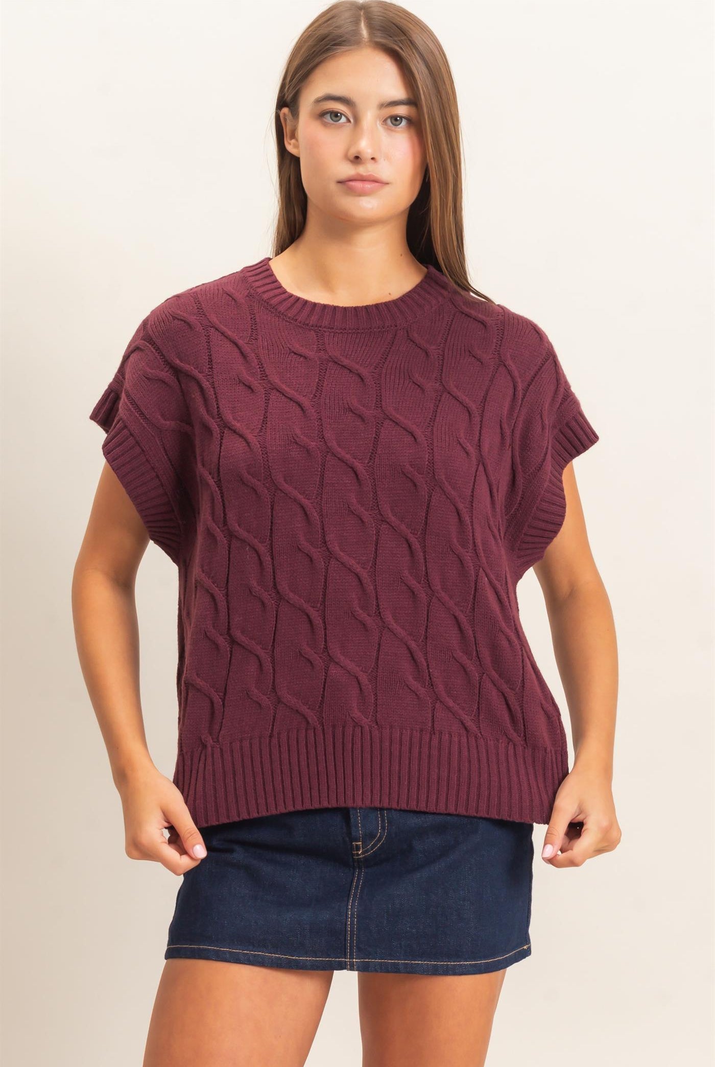 Wholesale Cable Knit Cap Sleeve Sweater Sweaters DZ26C974 DARK CHERRY DOUBLE ZERO