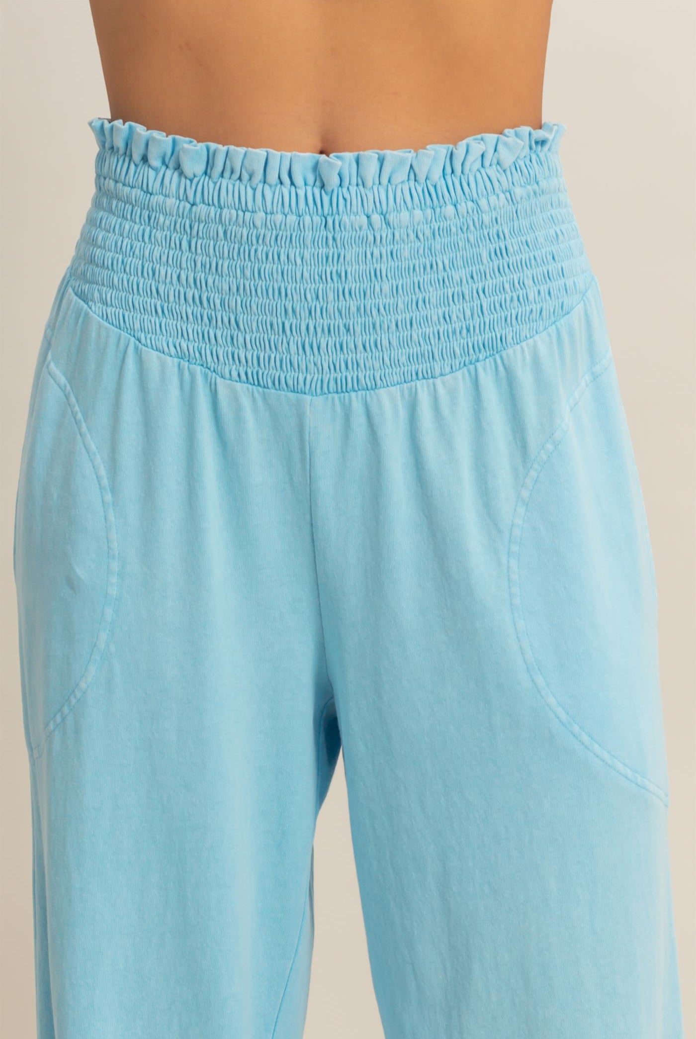 Wholesale Mineral Washed Wide-Leg Smocked Waist Pants Pants DZ26A249 BLUE DOUBLE ZERO