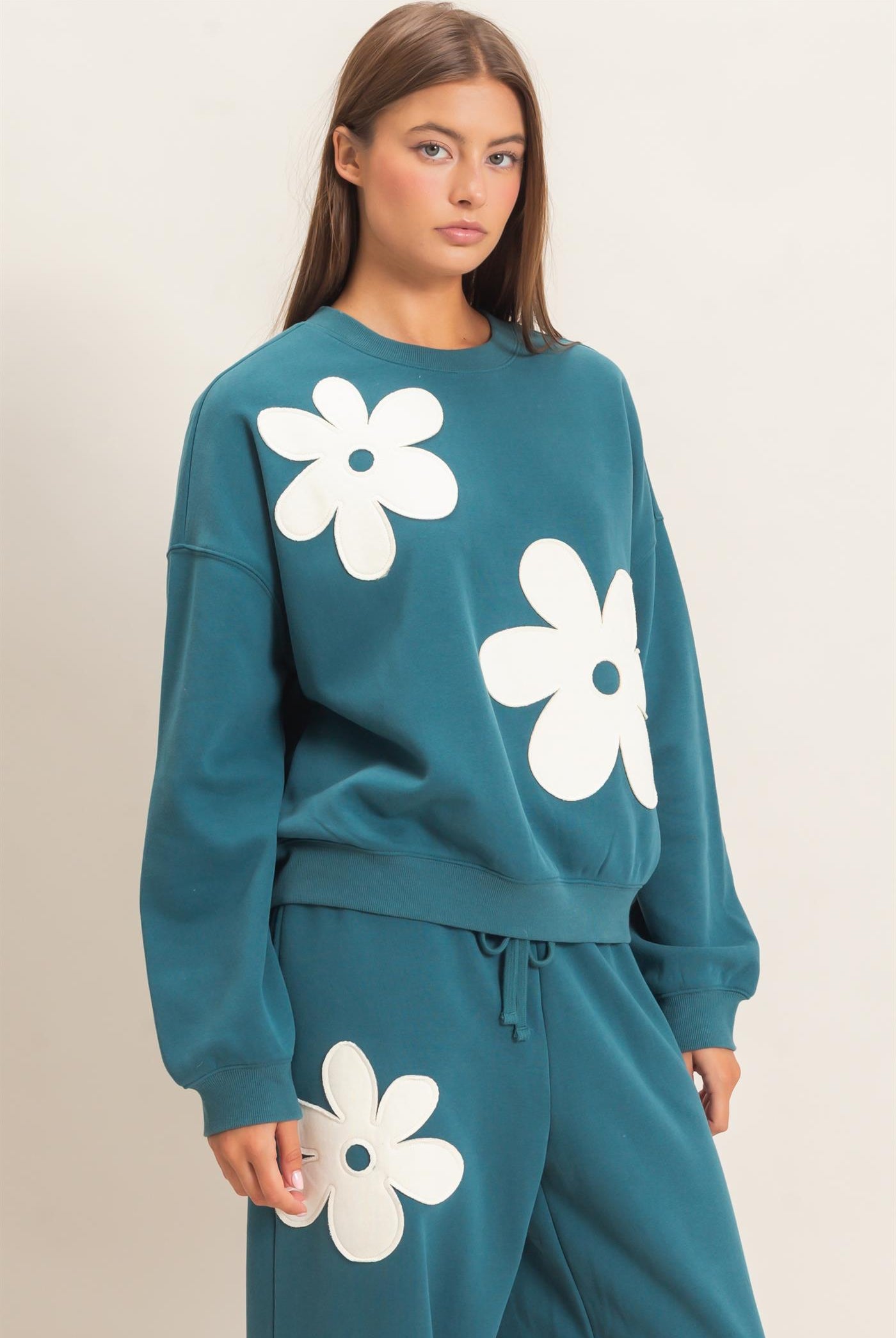 Wholesale Floral Applique Crew Neck Sweatshirt Sweatshirts DZ26E708 DARK TEAL DOUBLE ZERO