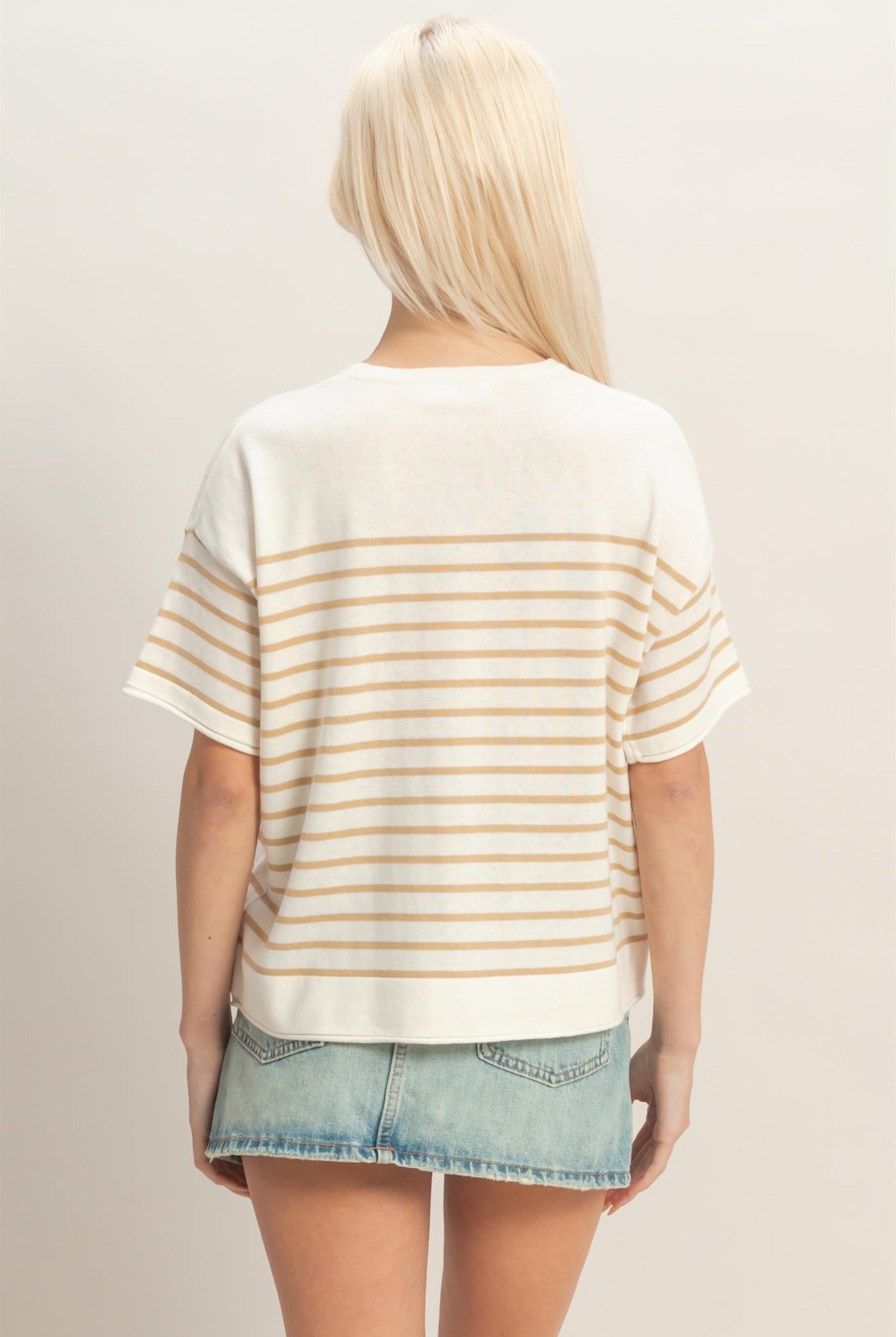 Wholesale Striped Short Sleeve Knit Top Clothing Tops DZ26A838 TAUPE DOUBLE ZERO