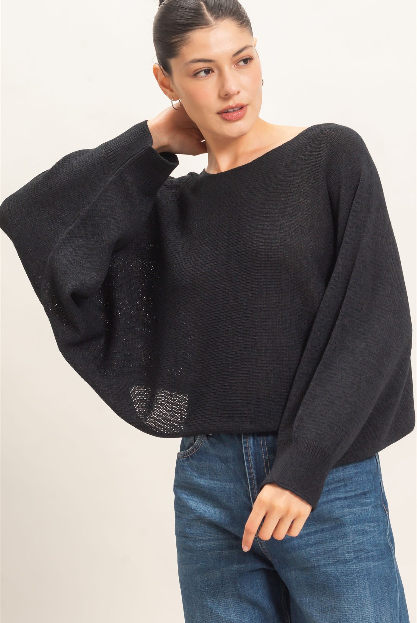 Wholesale Loose Knit Boat Neck Sweater Sweaters HF26E896 BLACK HYFVE