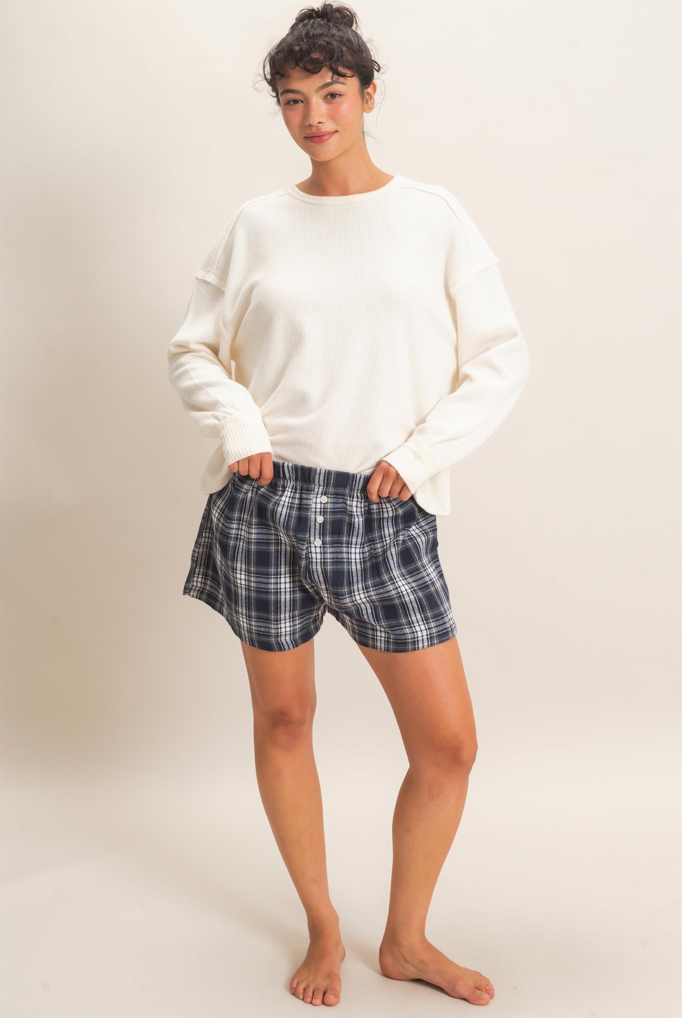 Wholesale Plaid Shorts With Button Front Shorts DZ26F270 NAVY DOUBLE ZERO