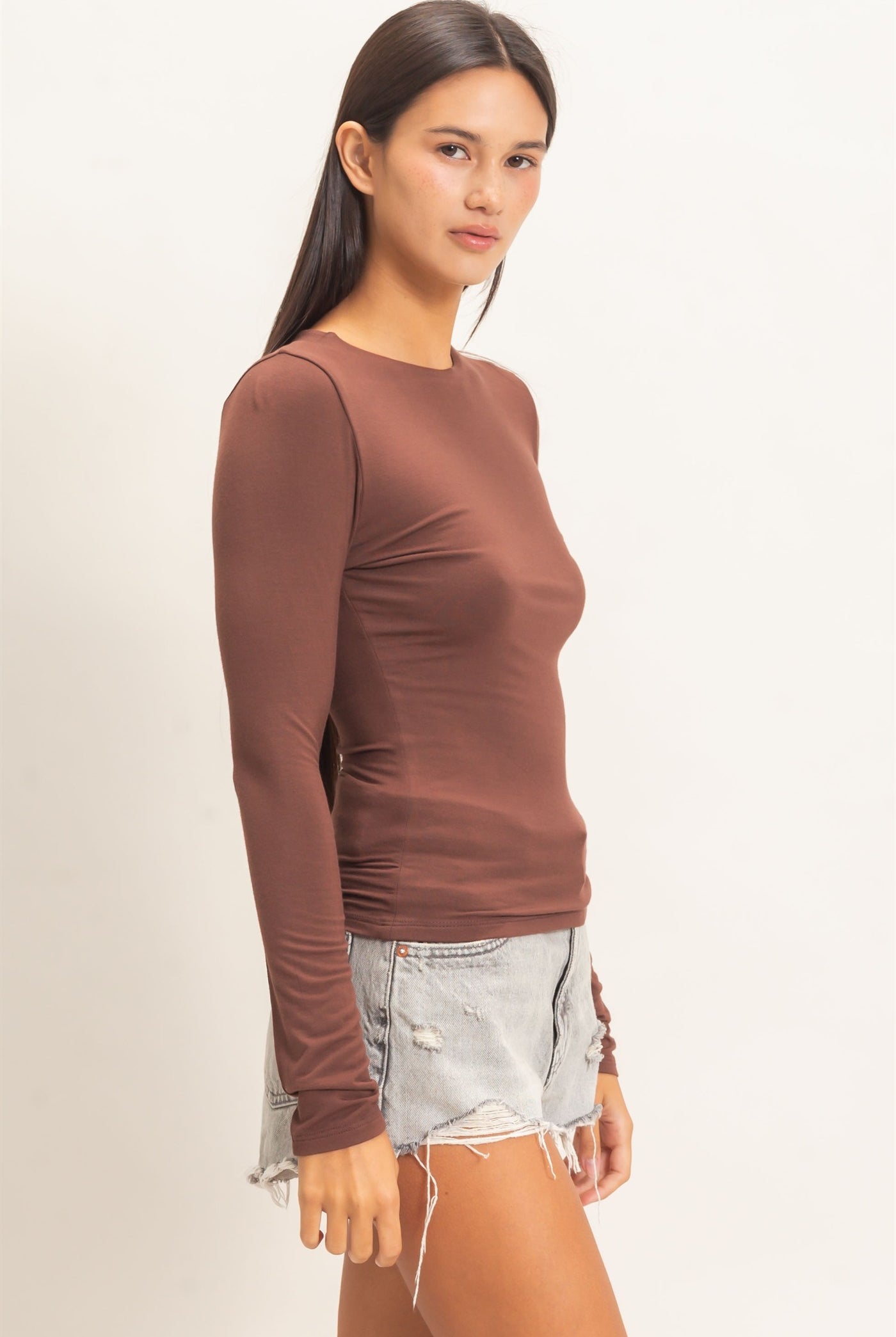 Wholesale Crew Neck Long Sleeve Top Clothing Tops DZ26E978 DARK BROWN DOUBLE ZERO