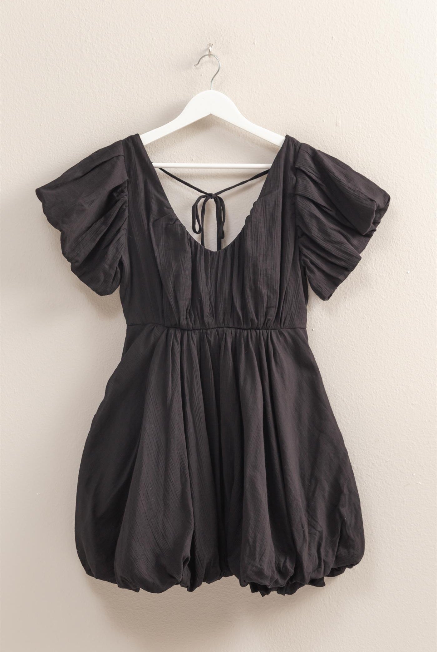 Wholesale V-Neck Puff Sleeve Flowy Mini Dress Dresses HF25A226 BLACK HYFVE