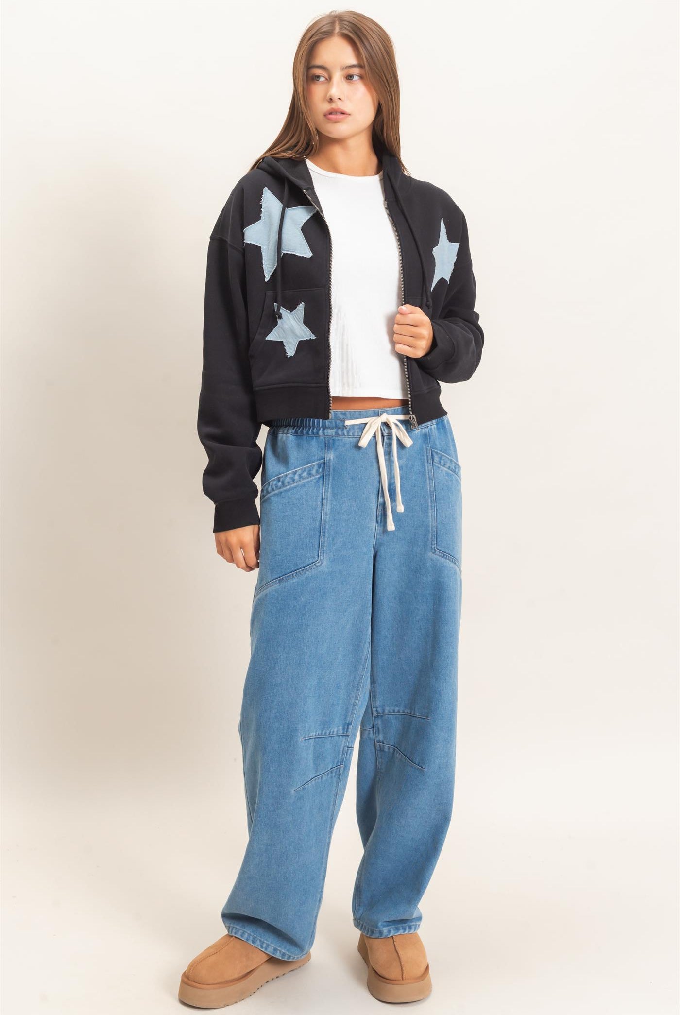 Wholesale Star Patch Zip-Up Hoodie Hoodies DZ26E828 BLACK DOUBLE ZERO