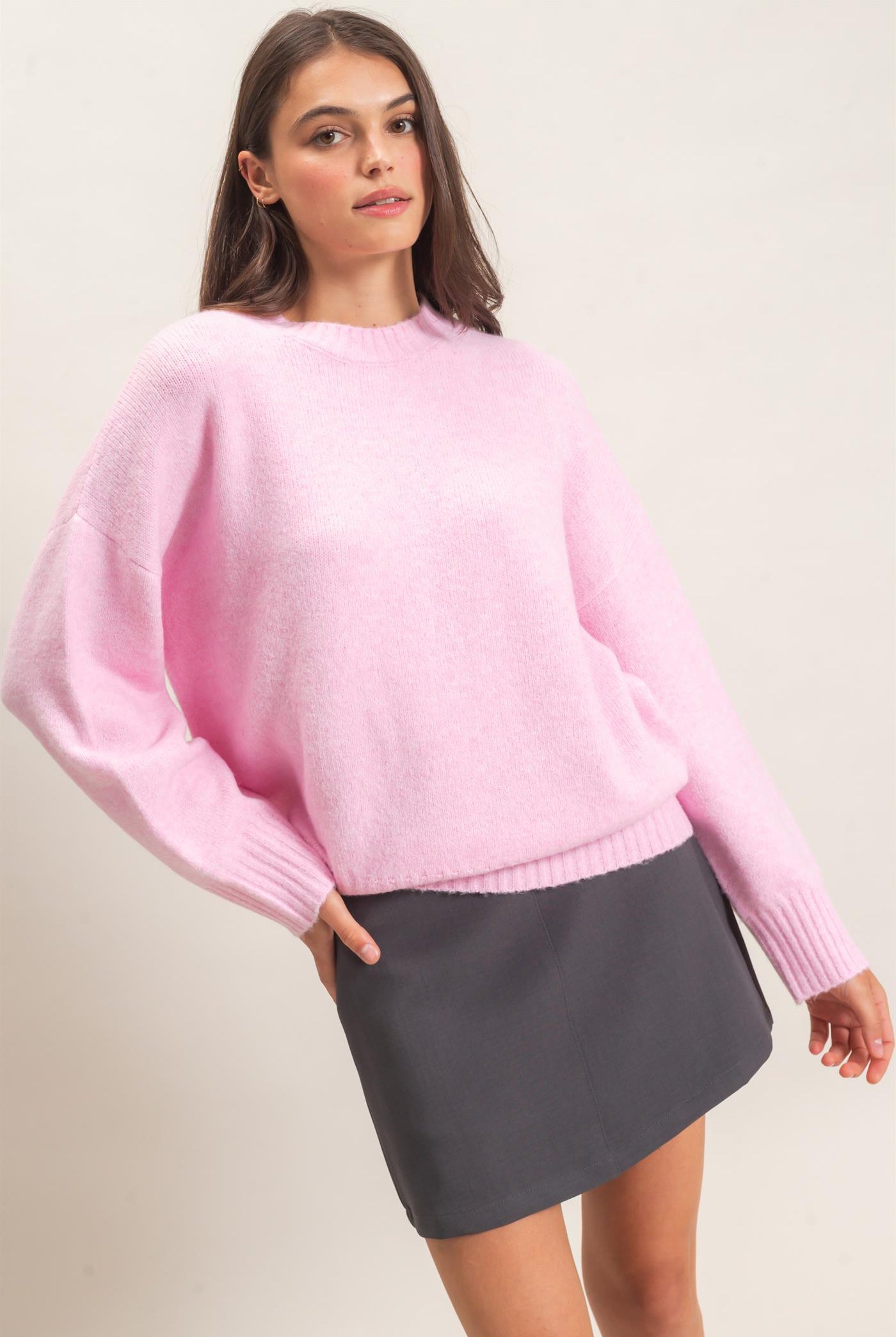 Wholesale Ribbed Crew Neck Sweater Sweaters HF26F179-D PINK HYFVE