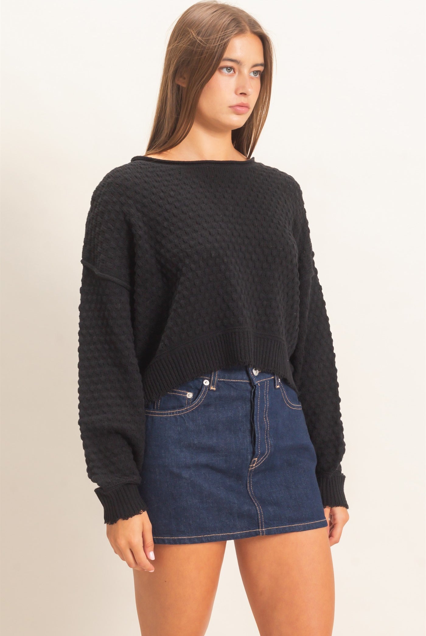 Wholesale Textured Boat Neck Sweater Sweaters DZ26E880 BLACK DOUBLE ZERO