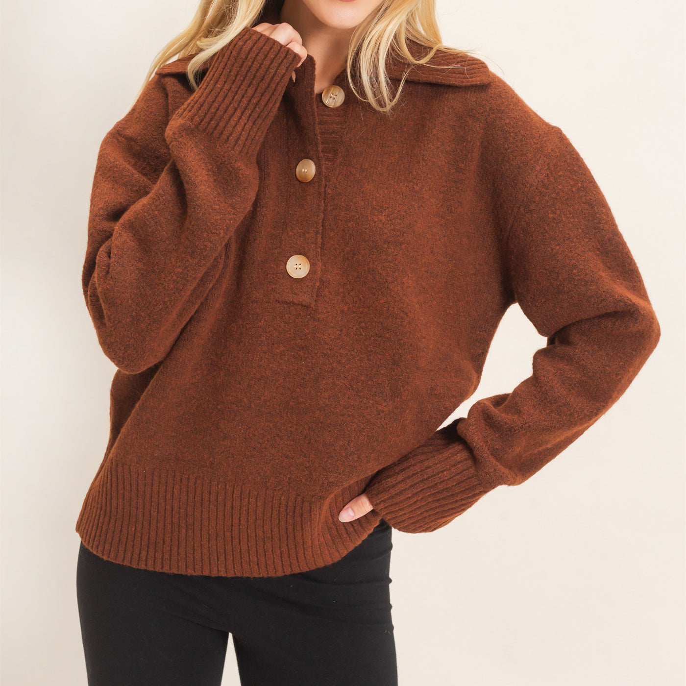 Wholesale Button-Up Collared Sweater Sweaters HF26E752 BROWN HYFVE