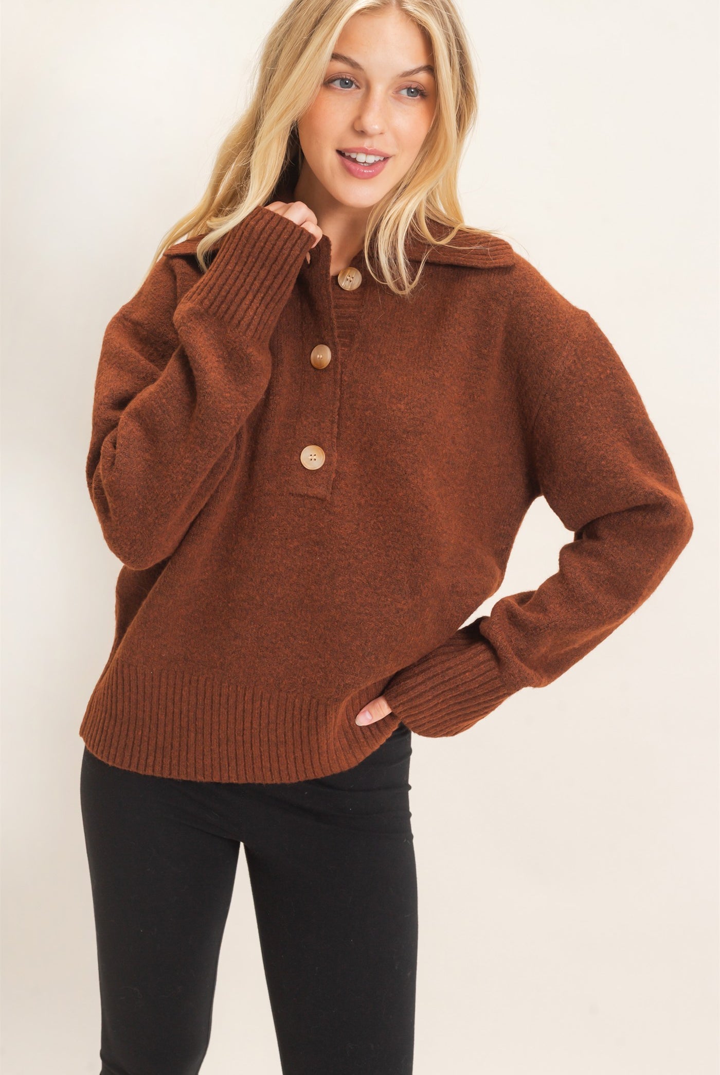 Wholesale Button-Up Collared Sweater Sweaters HF26E752 BROWN HYFVE