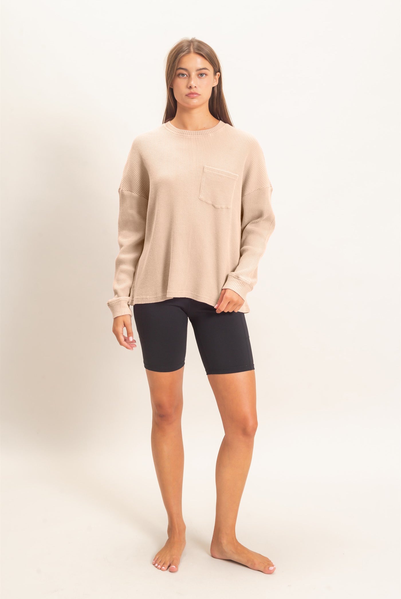 Wholesale Mineral Wash Waffle Long Sleeve Top Clothing Tops DZ26F242 LIGHT TAUPE DOUBLE ZERO