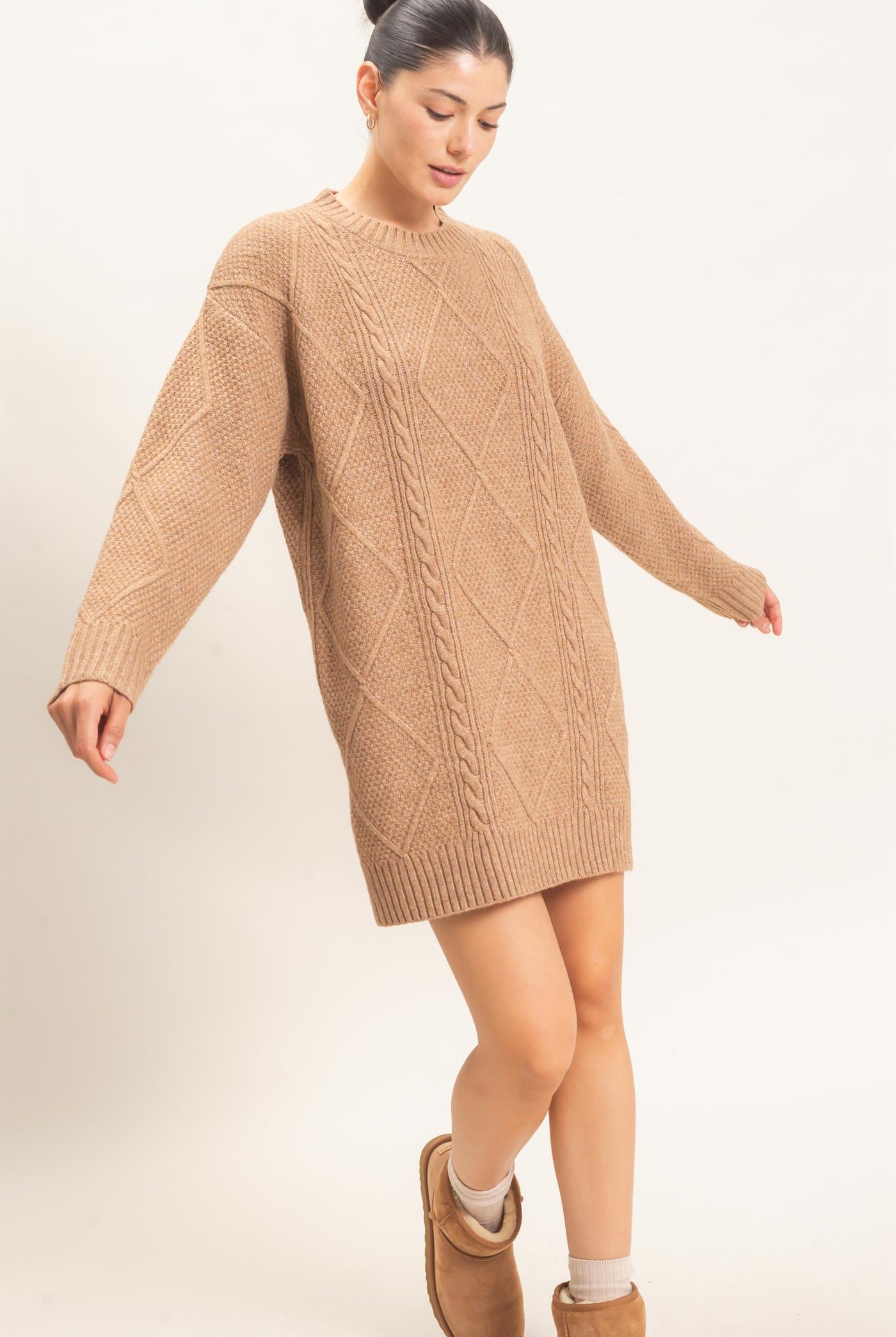 Wholesale Cable Knit Crew Neck Dress Dresses HF26F006 TAUPE HYFVE