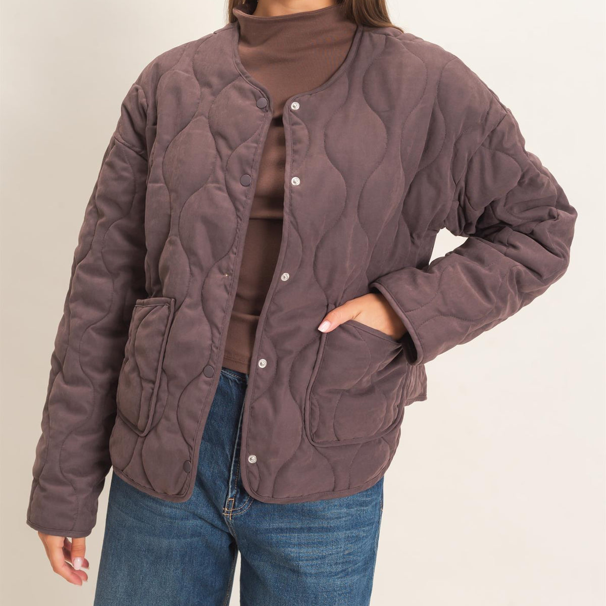 Wholesale Quilted Button Front Jacket Coats & Jackets DZ26F254 DARK BROWN DOUBLE ZERO