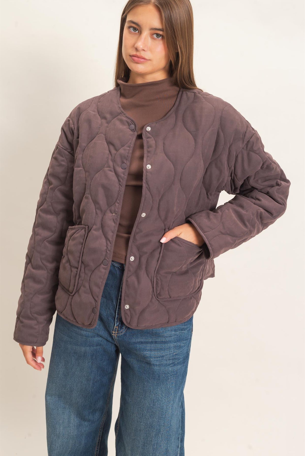 Wholesale Quilted Button Front Jacket Coats & Jackets DZ26F254 DARK BROWN DOUBLE ZERO