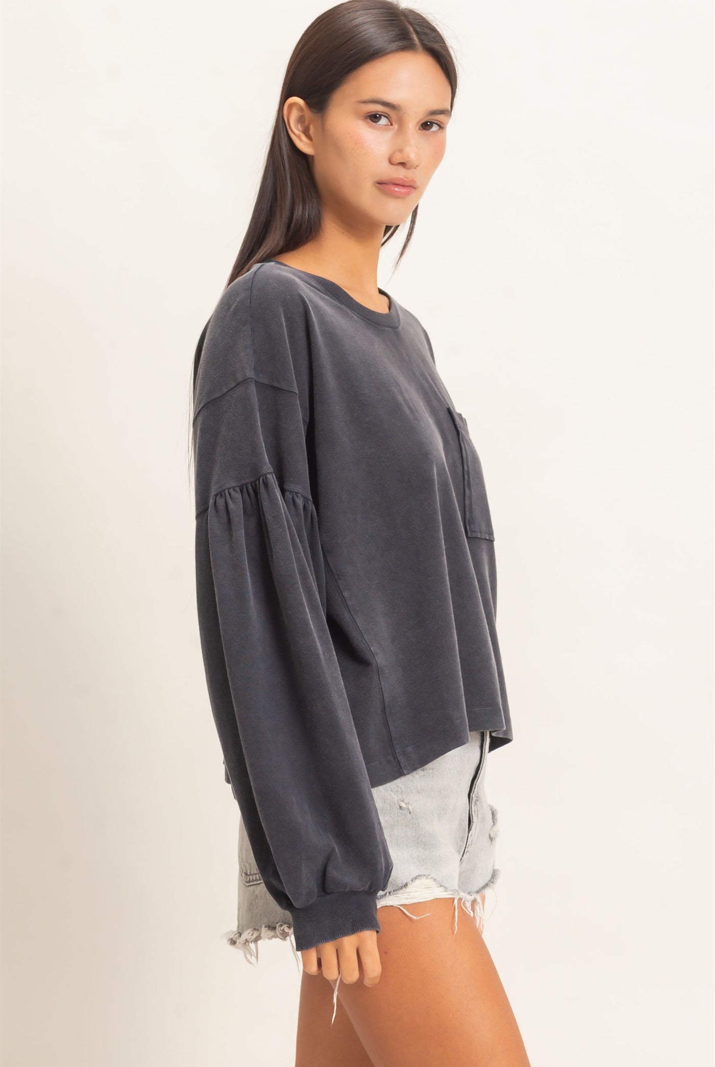 Wholesale Mineral Wash Puff Long Sleeve Boxy Top Clothing Tops DZ26F402 BLACK DOUBLE ZERO