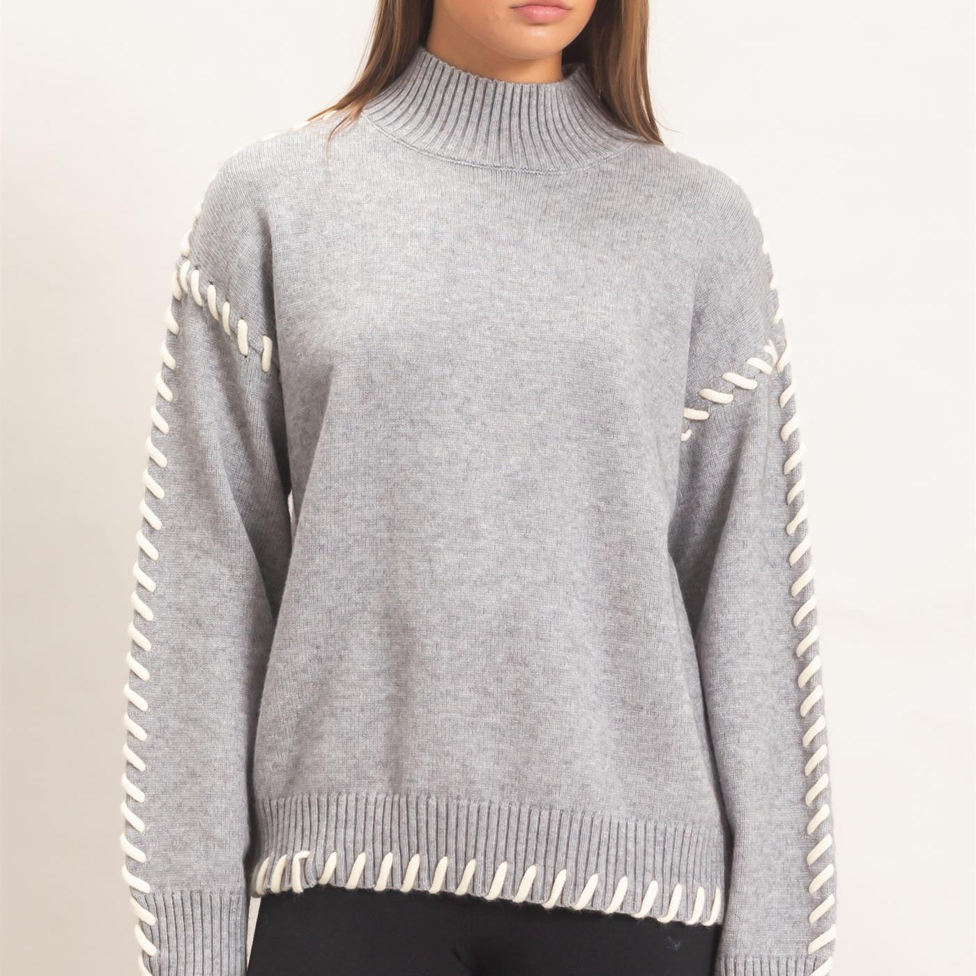 Wholesale Blanket Stitch High Neck Sweater Sweaters DZ27A190 HEATHER GRAY DOUBLE ZERO
