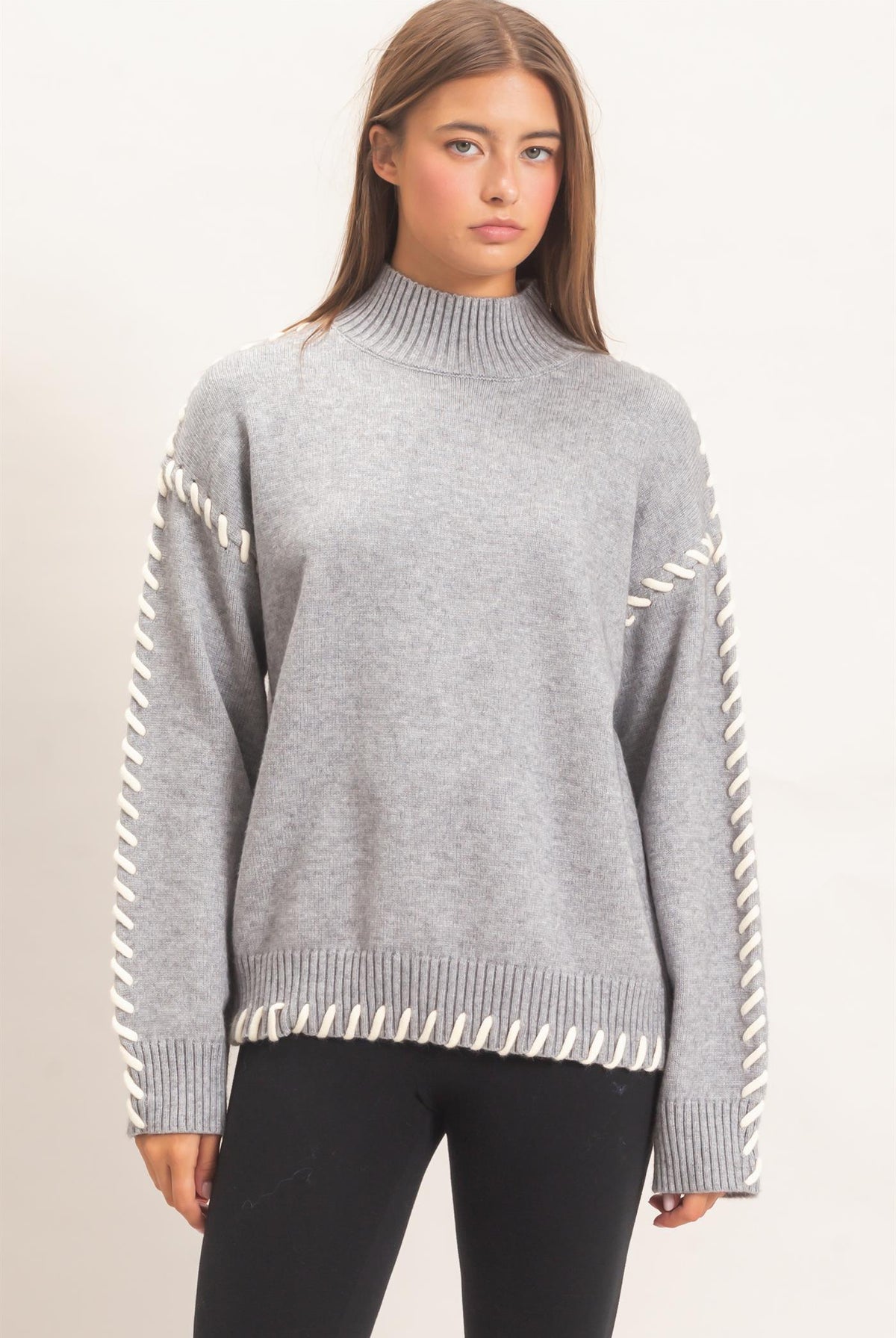 Wholesale Blanket Stitch High Neck Sweater Sweaters DZ27A190 HEATHER GRAY DOUBLE ZERO