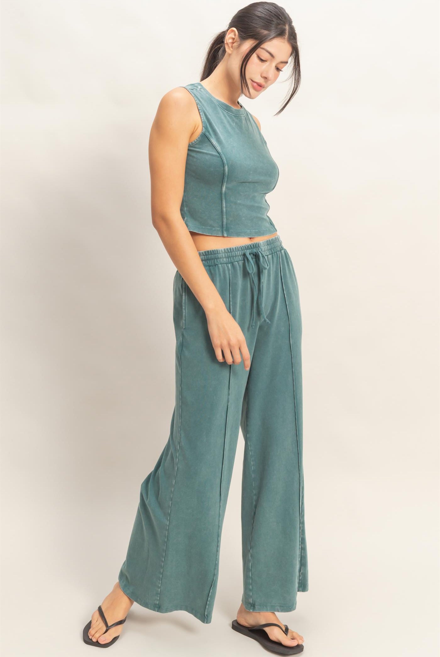 Wholesale Mineral Washed Sleeveless Top & Wide Leg Pants Set Clothing DZ26A371-SET DARK TEAL DOUBLE ZERO