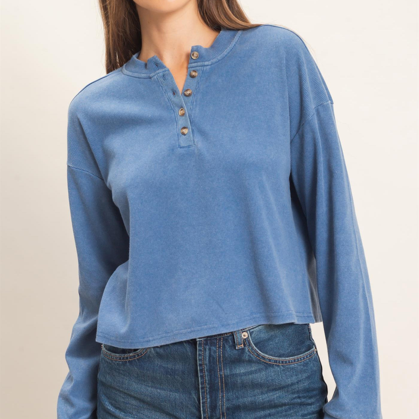 Wholesale Buttoned Henley Top Clothing Tops HF26F081 BLUE HYFVE