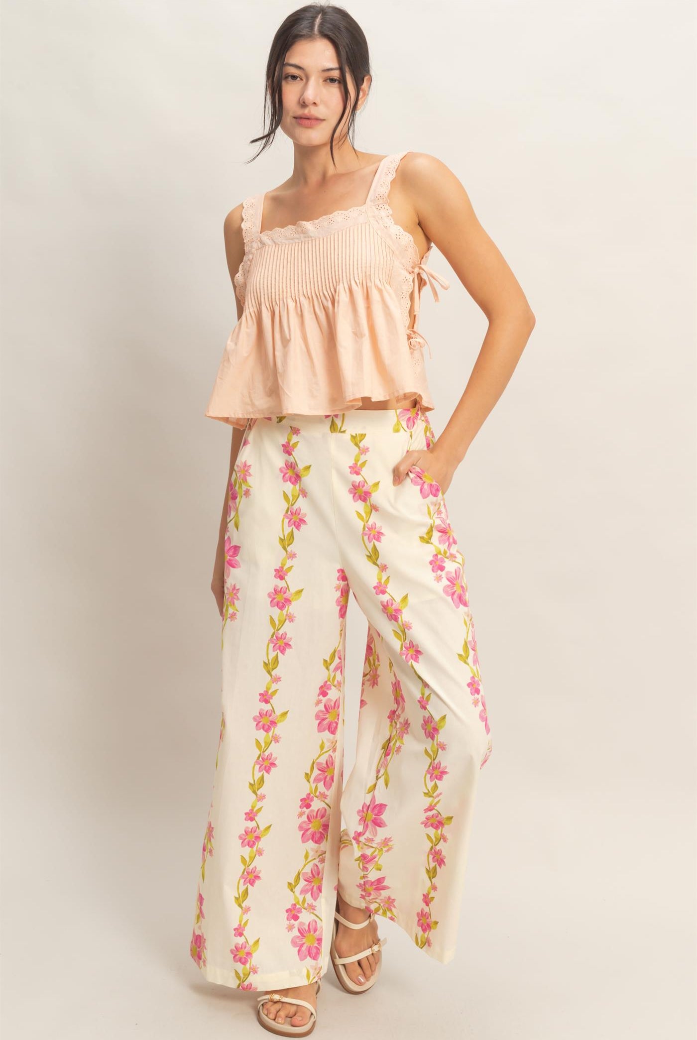 Wholesale Pleated Lace Trim Tank Tank Tops HF26C271 BLUSH HYFVE