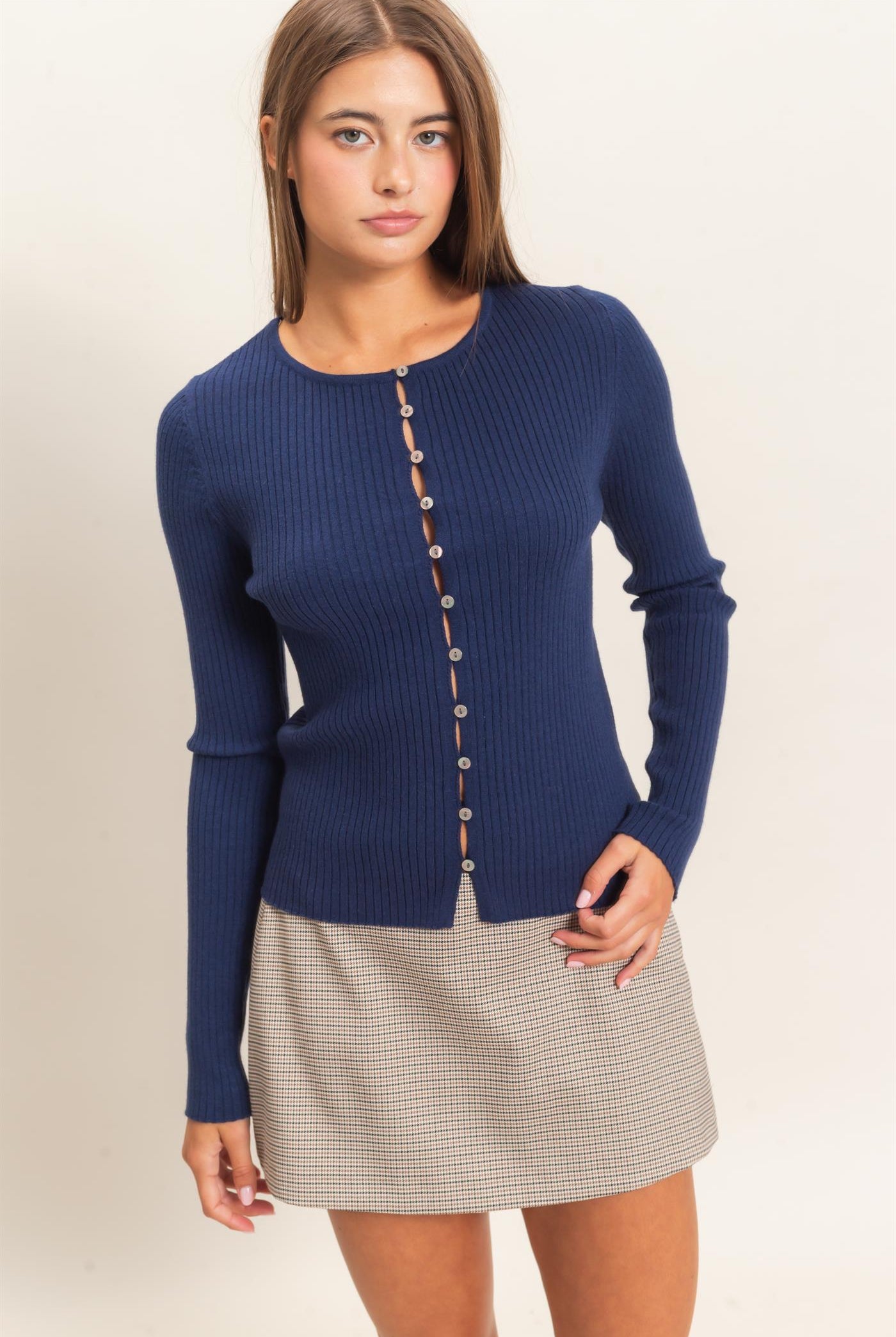 Wholesale Ribbed Button Front Cardigan Cardigans DZ26E322 NAVY DOUBLE ZERO