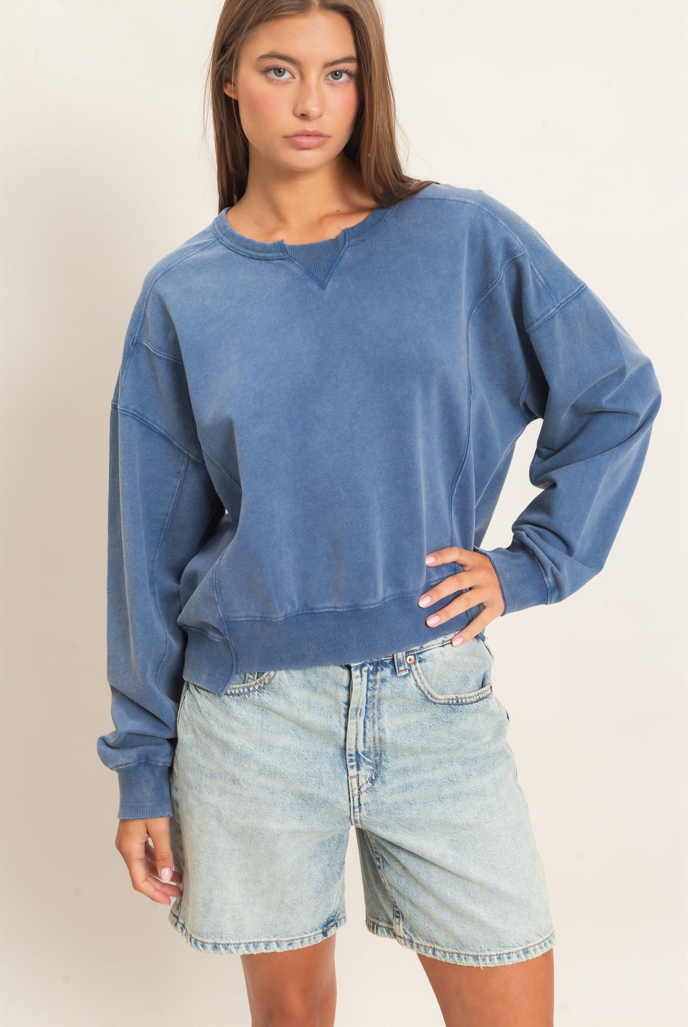 Wholesale Acid Wash Seam Detail Crew Neck Sweatshirt Sweatshirts DZ26E260 NAVY DOUBLE ZERO