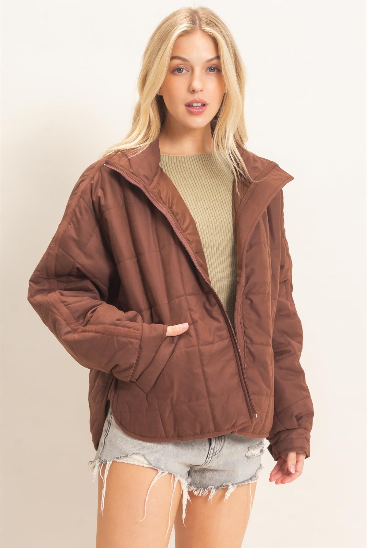 Wholesale Quilted High Collar Jacket Coats & Jackets HF26F167-D BROWN HYFVE