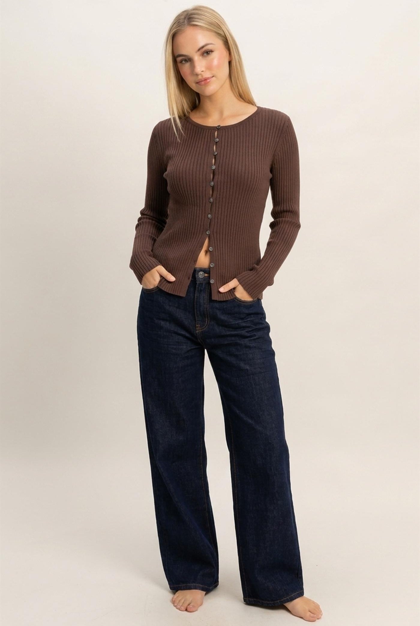 Wholesale Ribbed Button Front Cardigan Cardigans DZ26E322 DARK BROWN DOUBLE ZERO