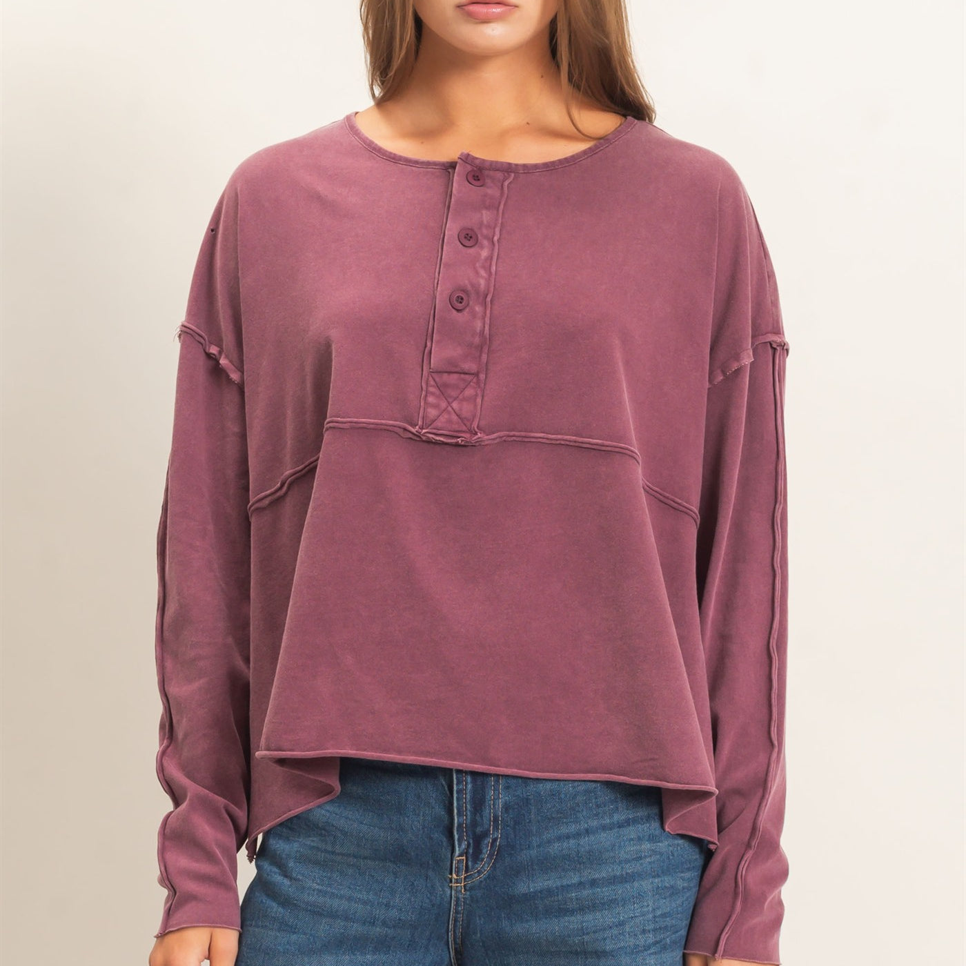 Wholesale Oversized Henley Top With Raw Edges Clothing Tops DZ26F128 DARK CHERRY DOUBLE ZERO