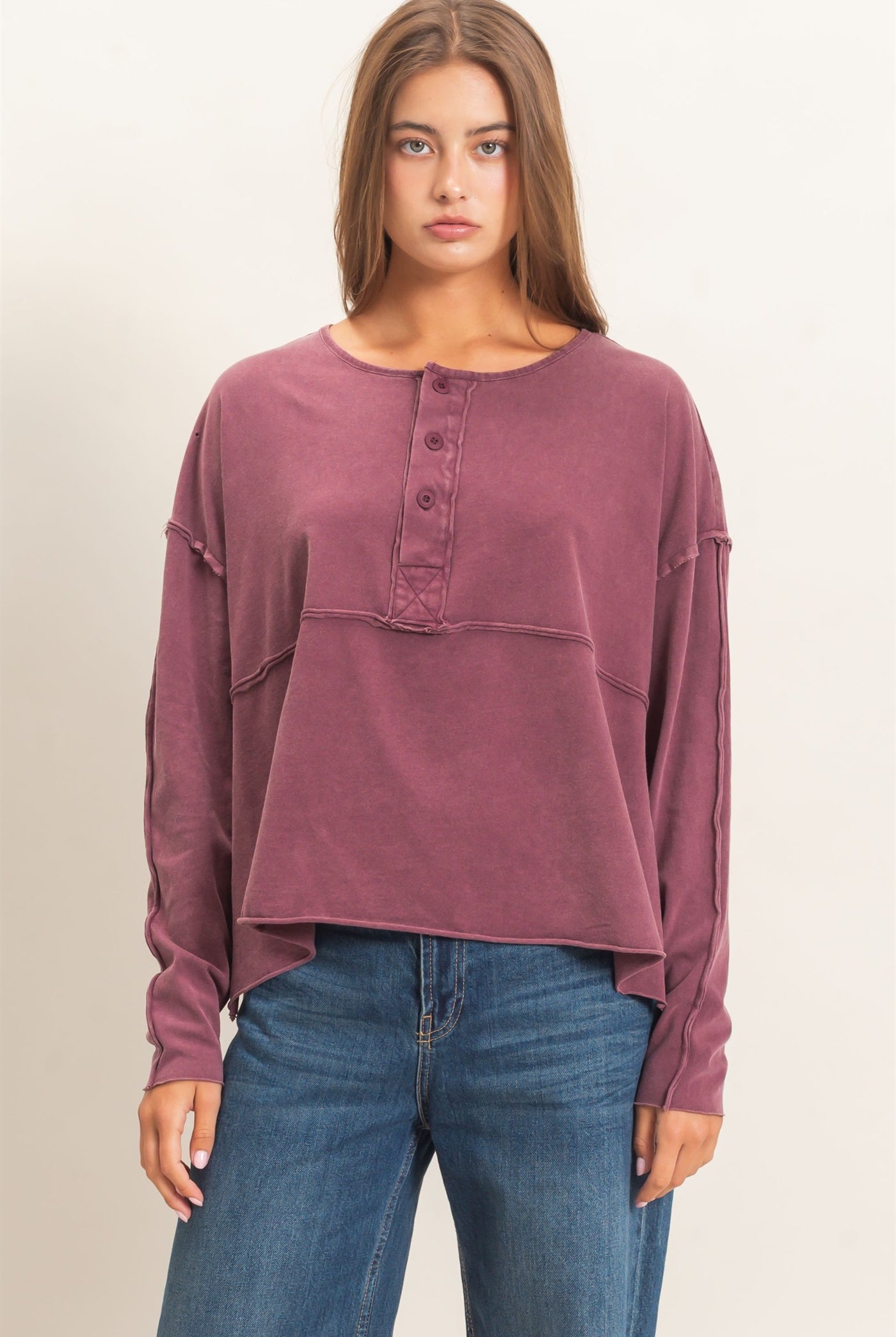 Wholesale Oversized Henley Top With Raw Edges Clothing Tops DZ26F128 DARK CHERRY DOUBLE ZERO