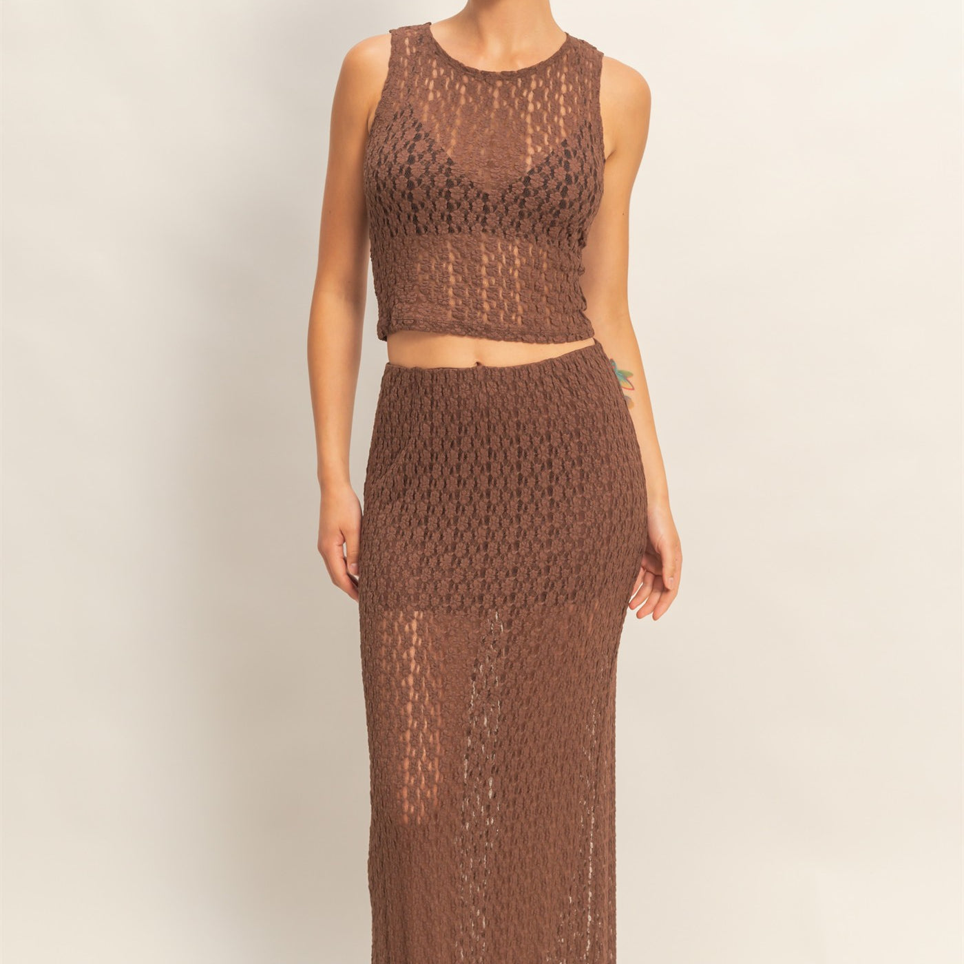 Wholesale Round Neck Lace Top & Lace Maxi Skirt Set Clothing DZ26C670-SET CHOCOLATE DOUBLE ZERO