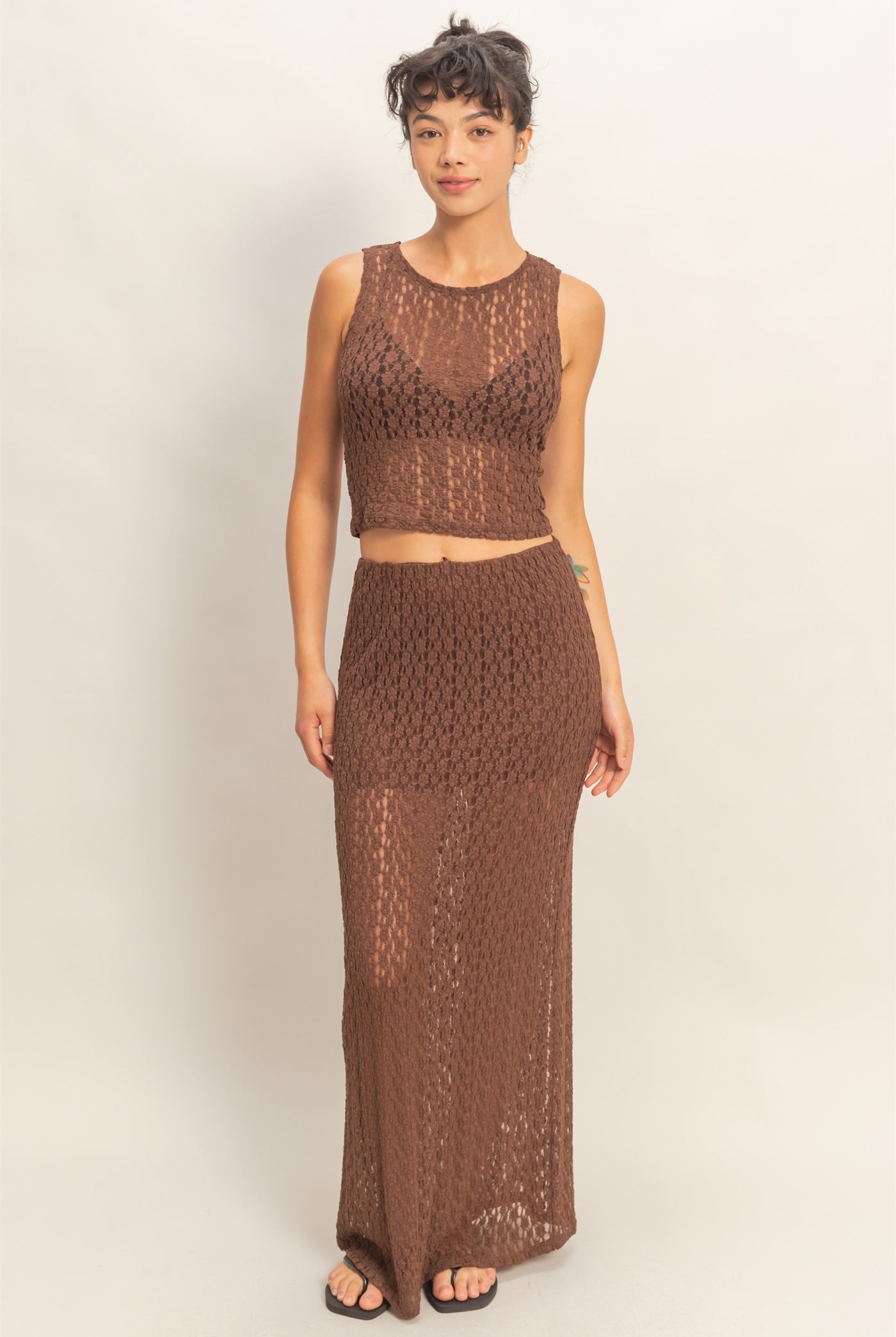 Wholesale Round Neck Lace Top & Lace Maxi Skirt Set Clothing DZ26C670-SET CHOCOLATE DOUBLE ZERO